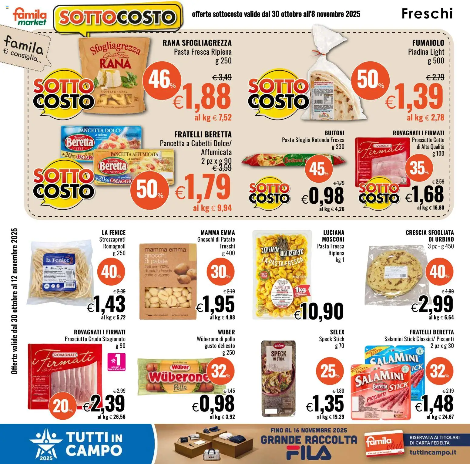 Volantino Famila del 30.10.2025 | Pagina: 2 | Prodotti: Pasta sfoglia, Pancetta, Pasta, Gnocchi