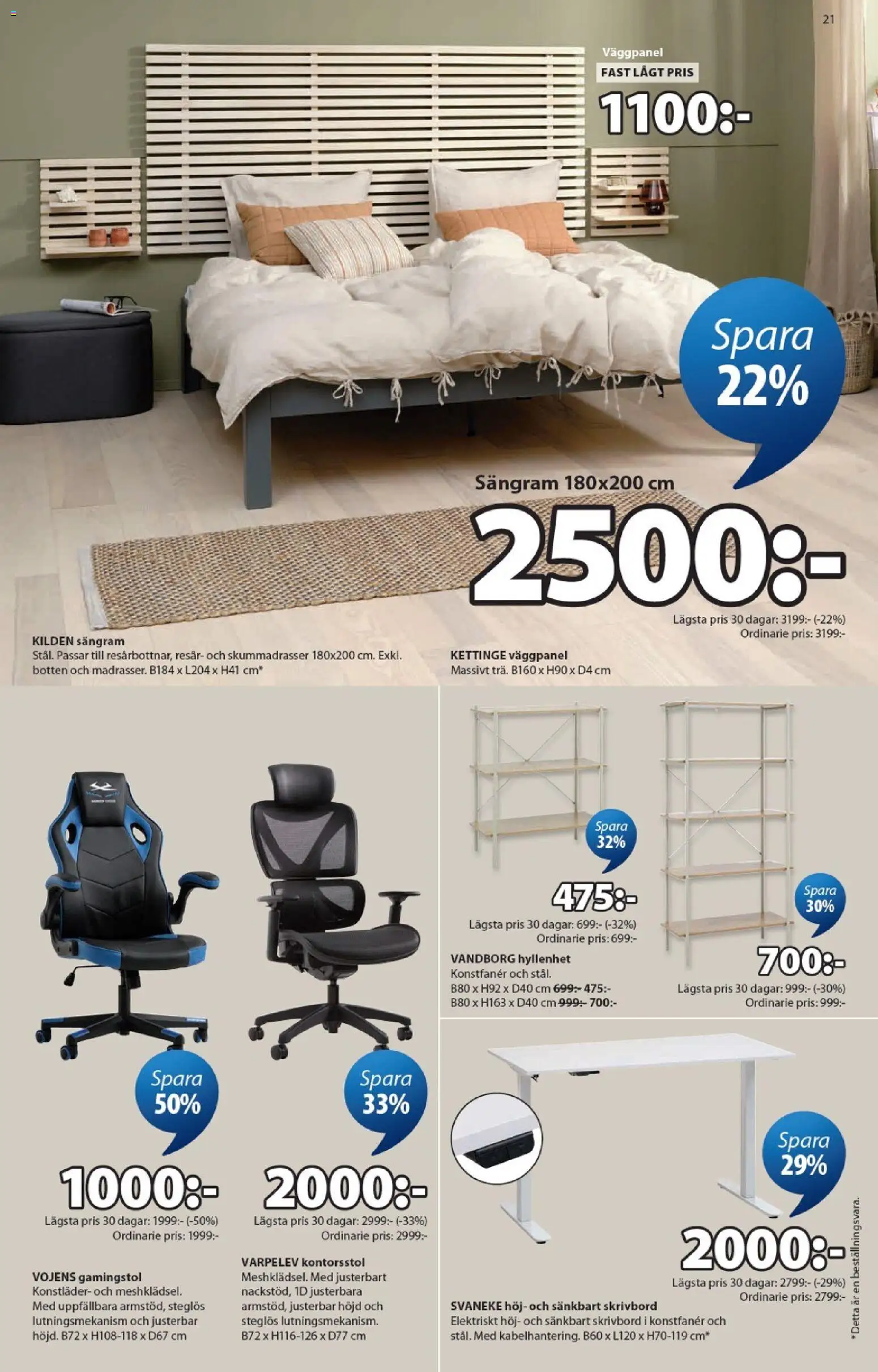 JYSK reklamblad aktuell från 27.04.2026 | Sida: 21 | Produkter: Gamingstol, Kontorsstol, Skrivbord, Sängram