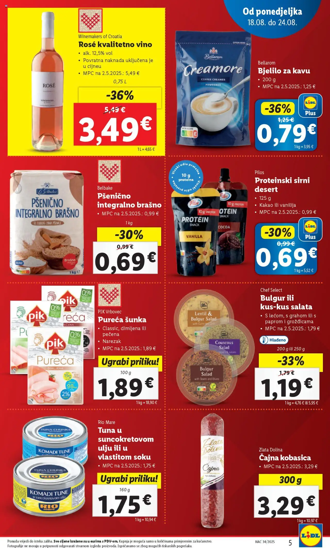 Lidl katalog | vrijedi od 18.08.2025 | Stranica: 5 | Proizvodi: Šunka, Vino, Brašno, Bulgur