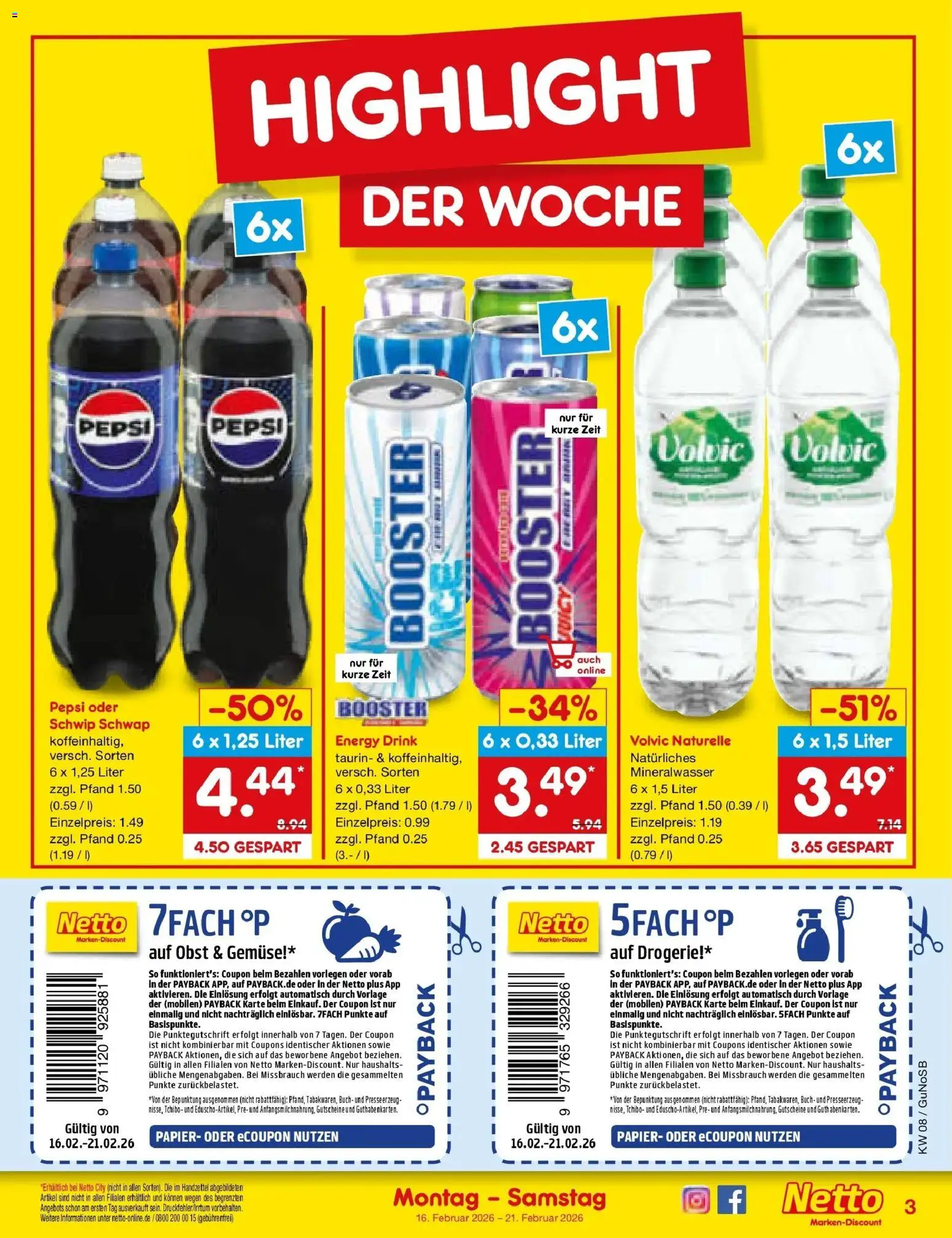 Netto Marken-Discount prospekt Machern	 – gültig ab 16.02.2026 | Seite: 3 | Produkte: Mineralwasser, Gemüse, Pepsi, Volvic