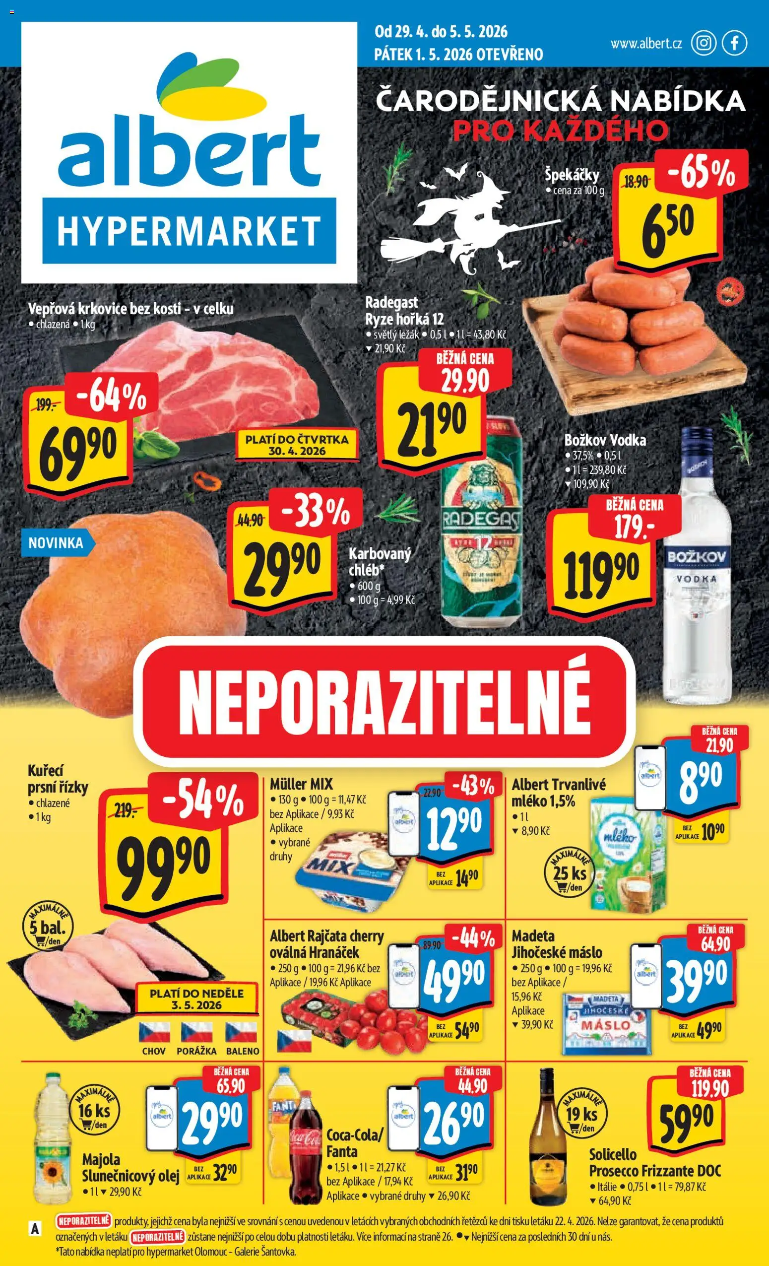 Albert leták - Hypermarket od 29.04.2026 | Strana: 1 | Produkty: Máslo, Vodka, Krkovice bez kosti, Vepřová krkovice