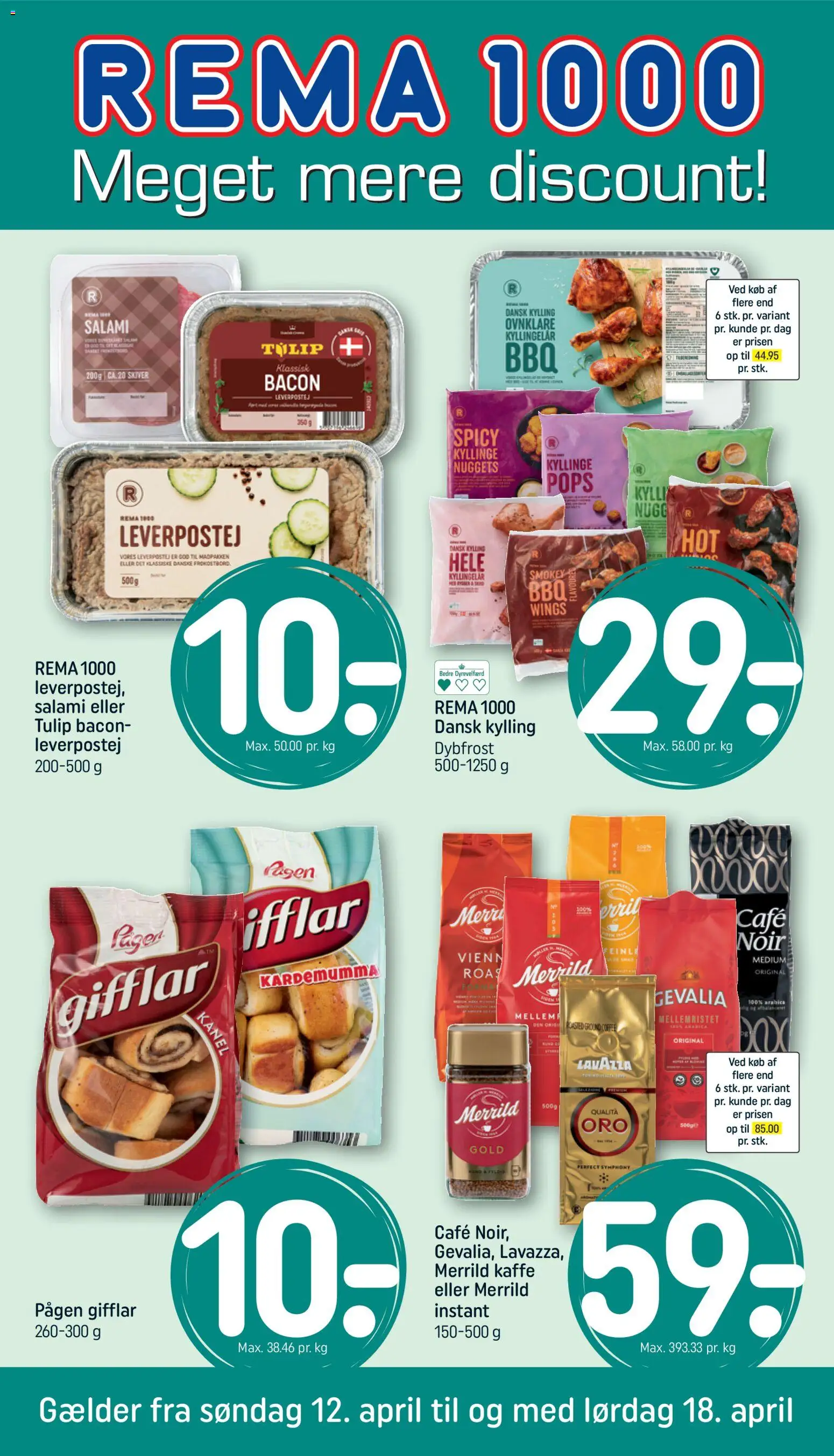 Rema 1000 tilbudsavis – gyldig fra 12.04.2026 | Side: 1 | Produkter: Kaffe, Leverpostej, Bacon, Instant Kaffe