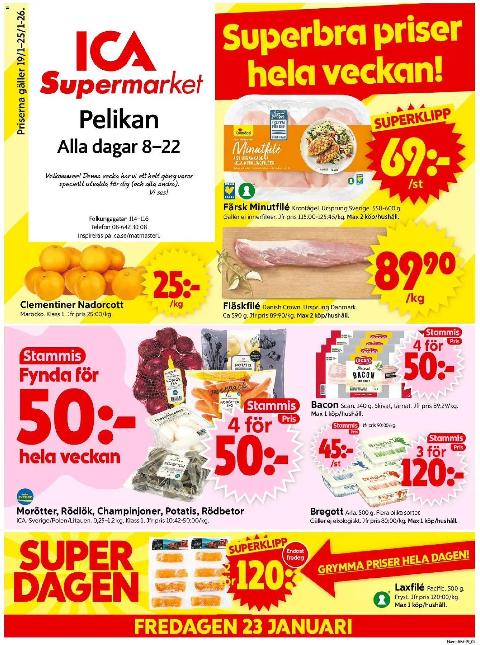 ICA Supermarket reklamblad aktuell från 19.01.2026 | Sida: 1 | Produkter: Galler, Bregott, Potatis, Telefon