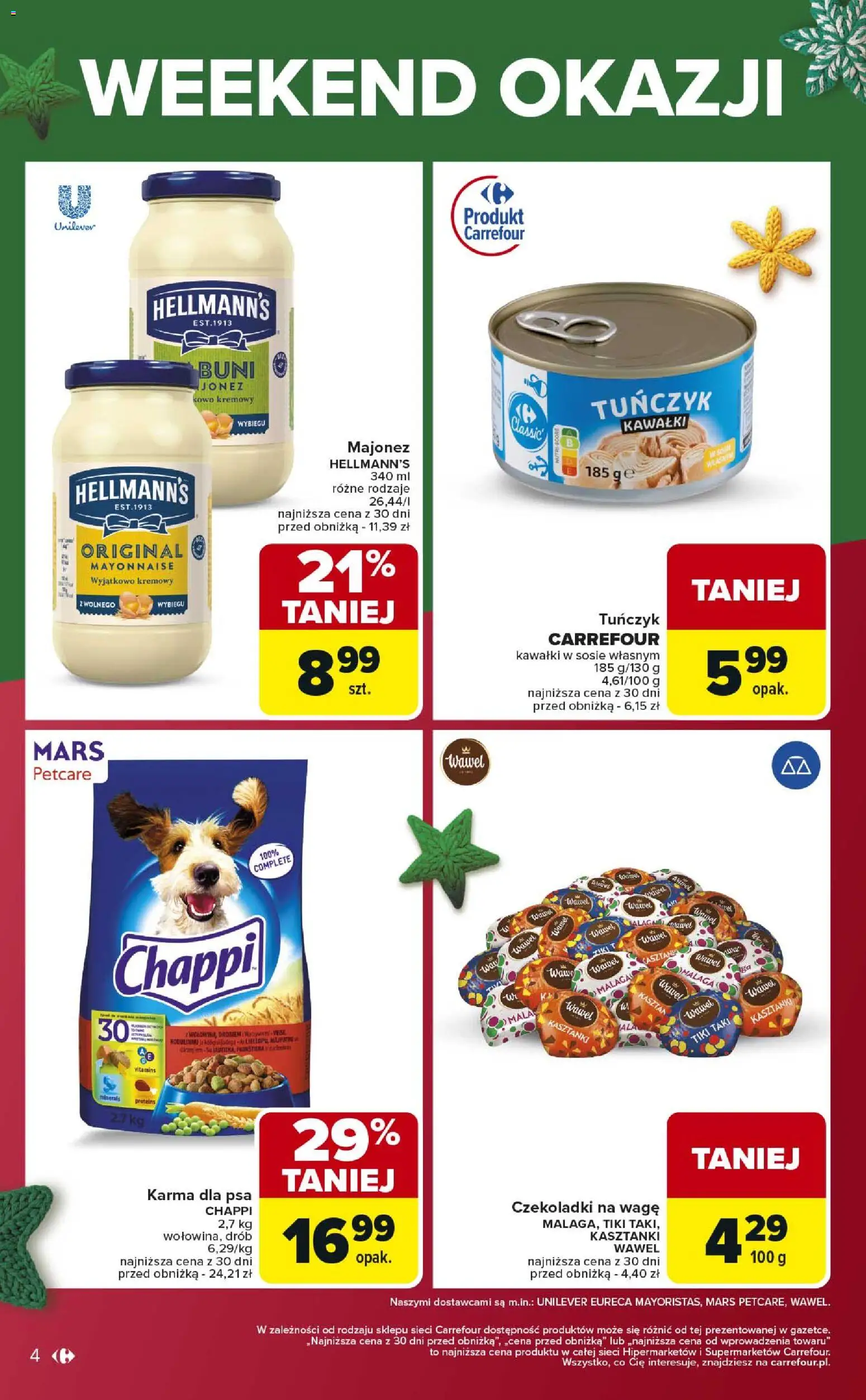 Carrefour Gazetka - Weekend okazji już od czwartku od 11.12.2025 | Strona: 4 | Produkty: Czekoladki, Tuńczyk, Karma dla psa, Majonez