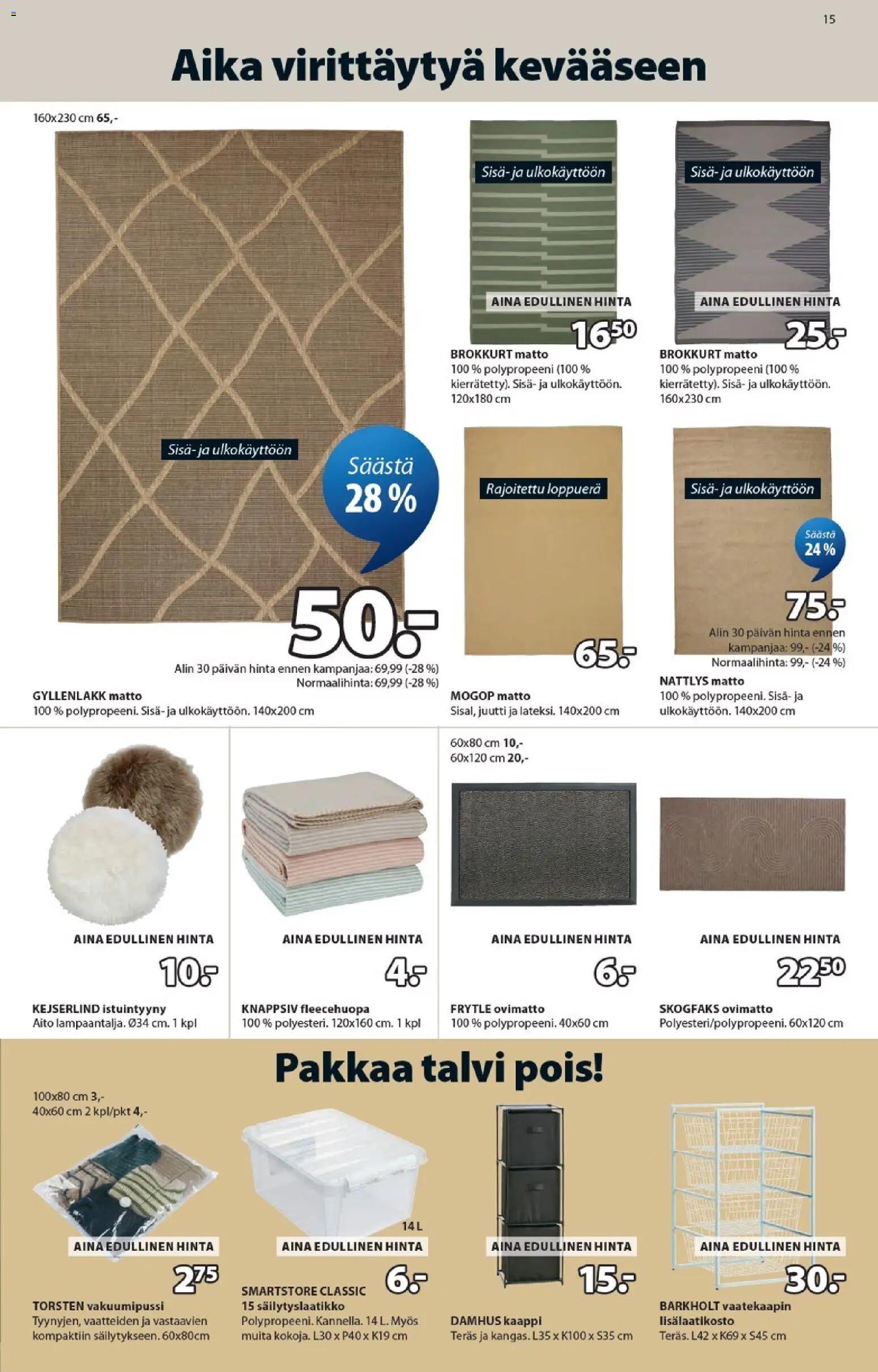 JYSK - Tarjoukset – voimassa 19.03.2026 alkaen | Sivu: 15 | Tuotteet: Istuintyyny, Ovimatto, Kaappi, Matto