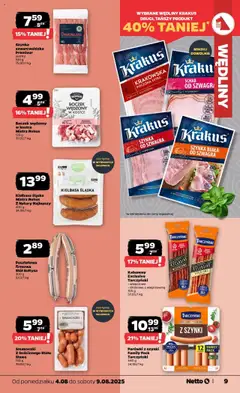 Netto gazetka od 04.08.2025 | Strona: 9 | Produkty: Parówki, Stół, Kiełbasa śląska, Wędliny