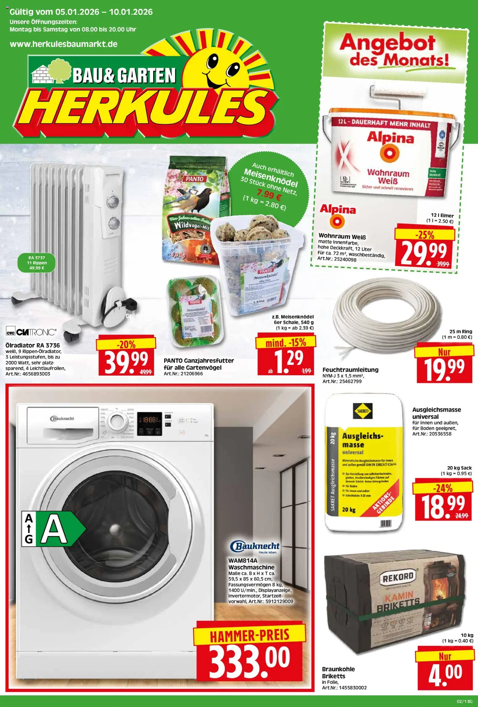 HERKULES Bau & Garten – gültig ab 05.01.2026 | Seite: 1 | Produkte: Kamin, Waschmaschine, Uhr