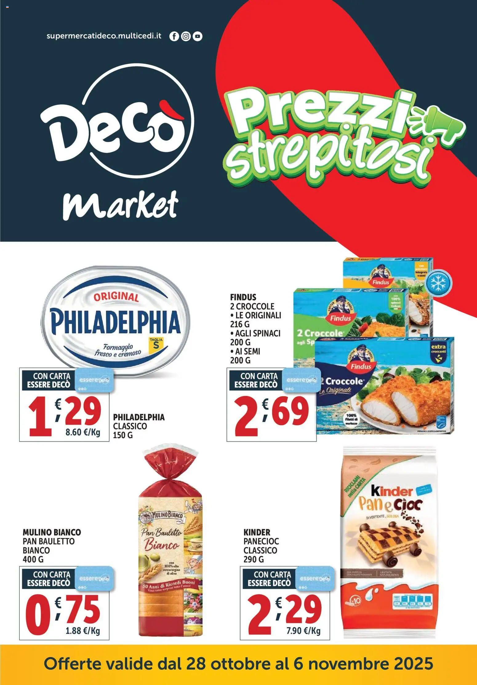 Volantino Decò del 28.10.2025 | Pagina: 1 | Prodotti: Pane, Merluzzo, Formaggio, Spinaci