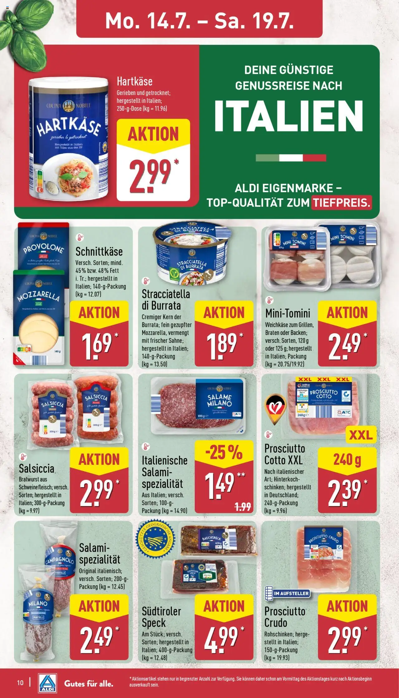 Aldi Prospekt 	 - gültig ab dem 14.07.2025 | Seite: 10 | Produkte: Käse, Mozzarella, Burrata, Salami