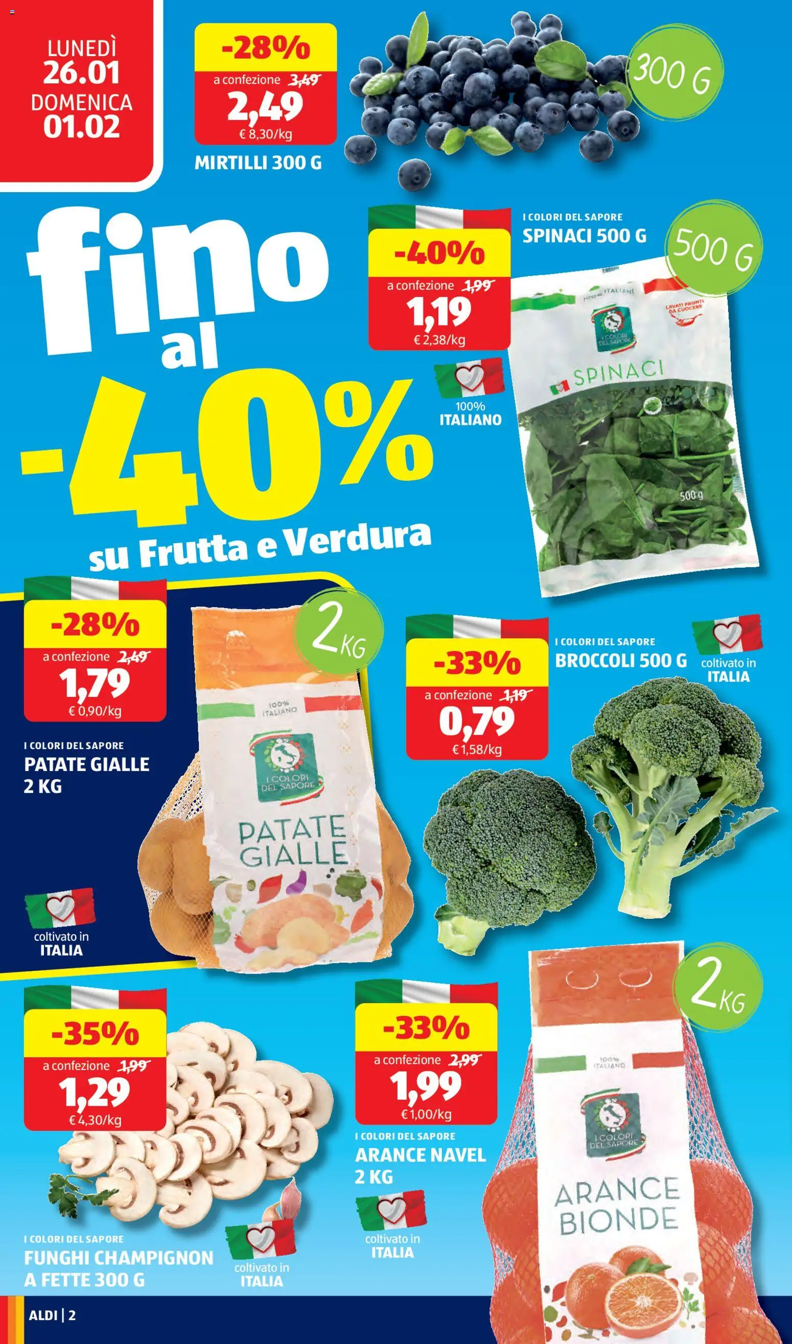 Volantino Aldi del 26.01.2026 | Pagina: 2 | Prodotti: Frutta, Funghi, Mirtilli, Broccoli
