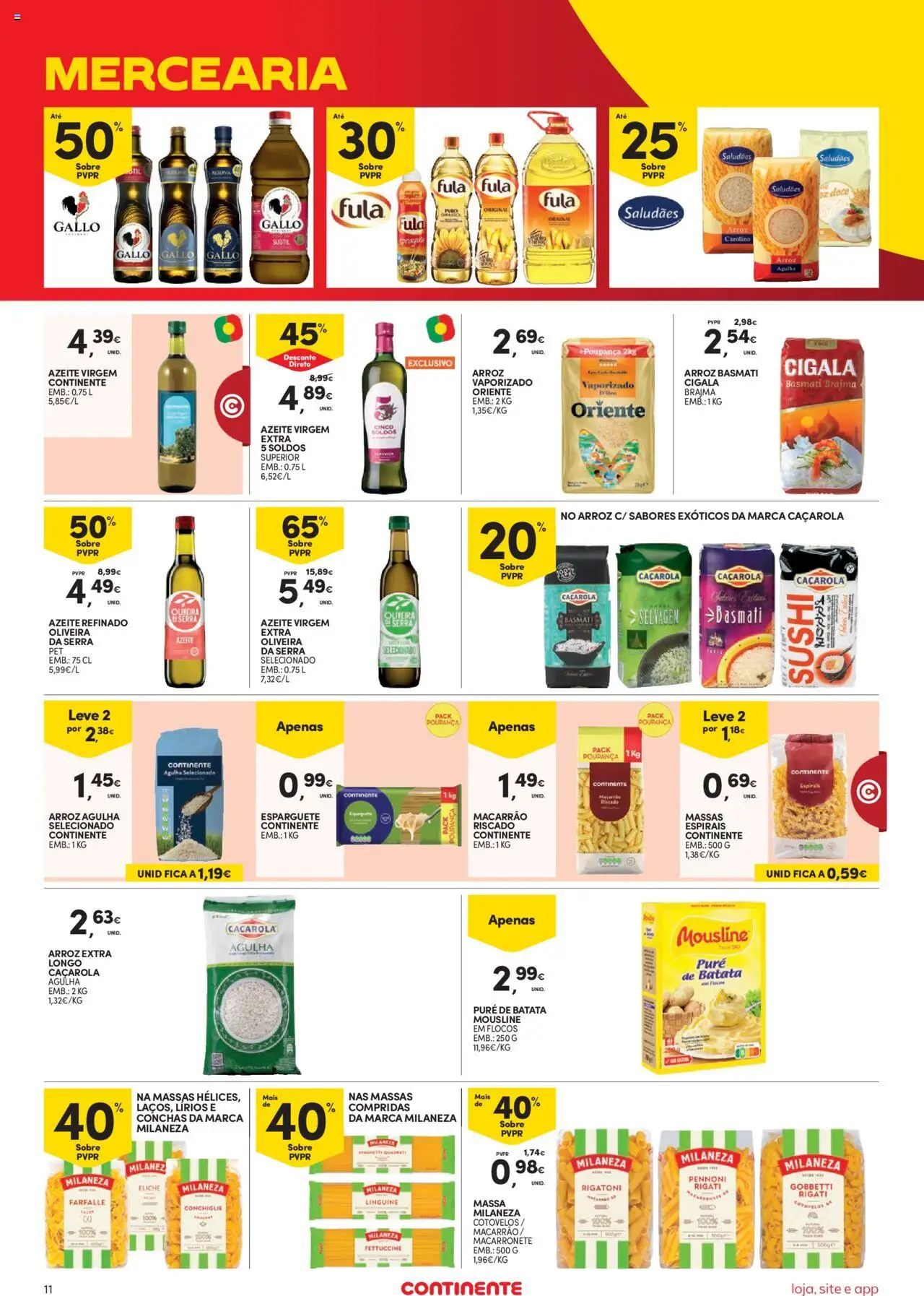 Continente Semanal Continente Bom Dia │ válido de 14.10.2025 | Página: 11 | Produtos: Esparguete, Azeite, Arroz basmati, Massa