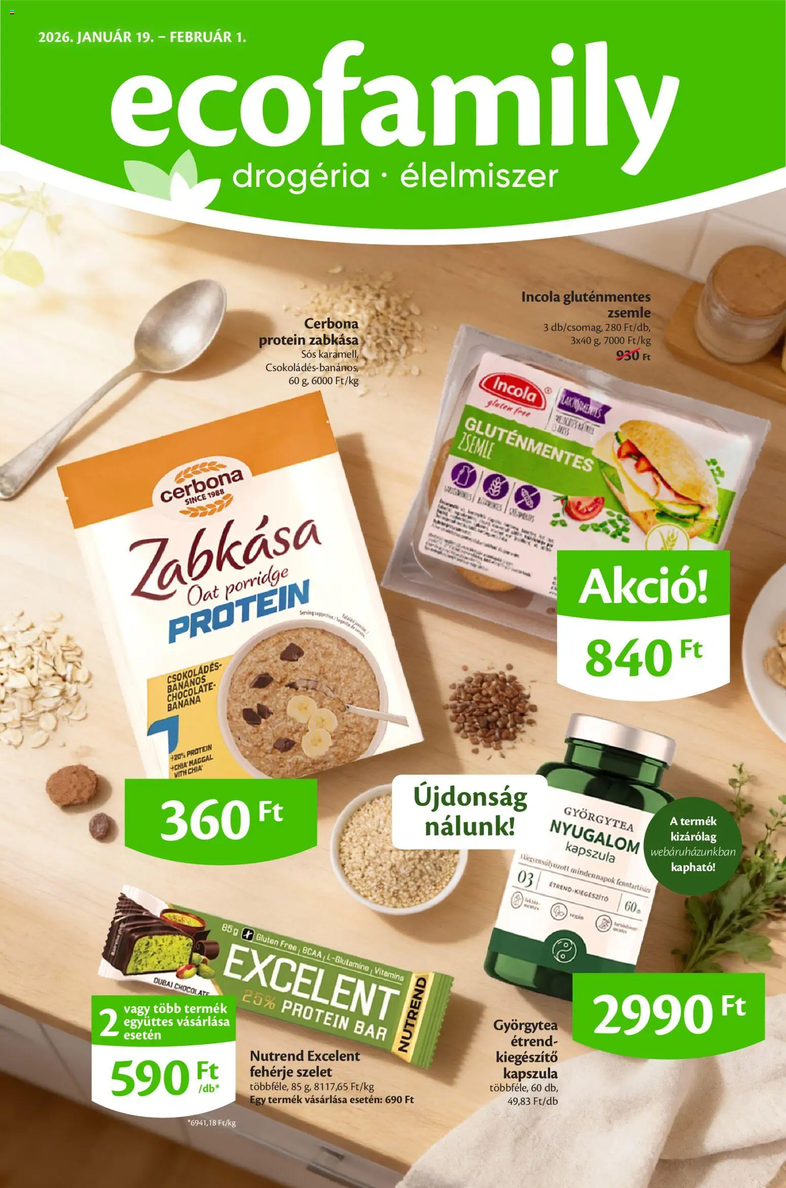 EcoFamily akciós ujság - amely érvényes a következő dátumtól: 19.01.2026 | Oldal: 1 | Termékek: Protein bar, Zsemle, Fehérje, Gluténmentes
