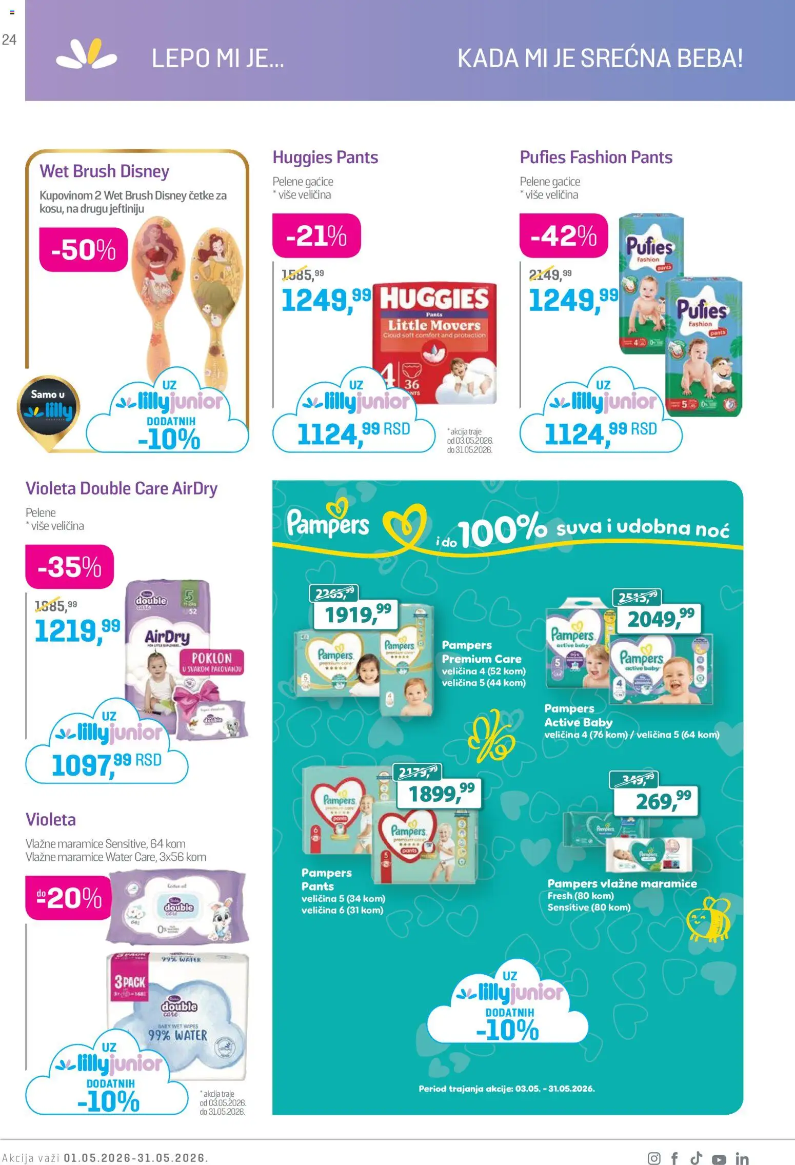 Lilly drogerie katalog - važi od 01.05.2026 | Strana: 24 | Proizvode: Pampers, Gaćice, Vlažne maramice, Pelene