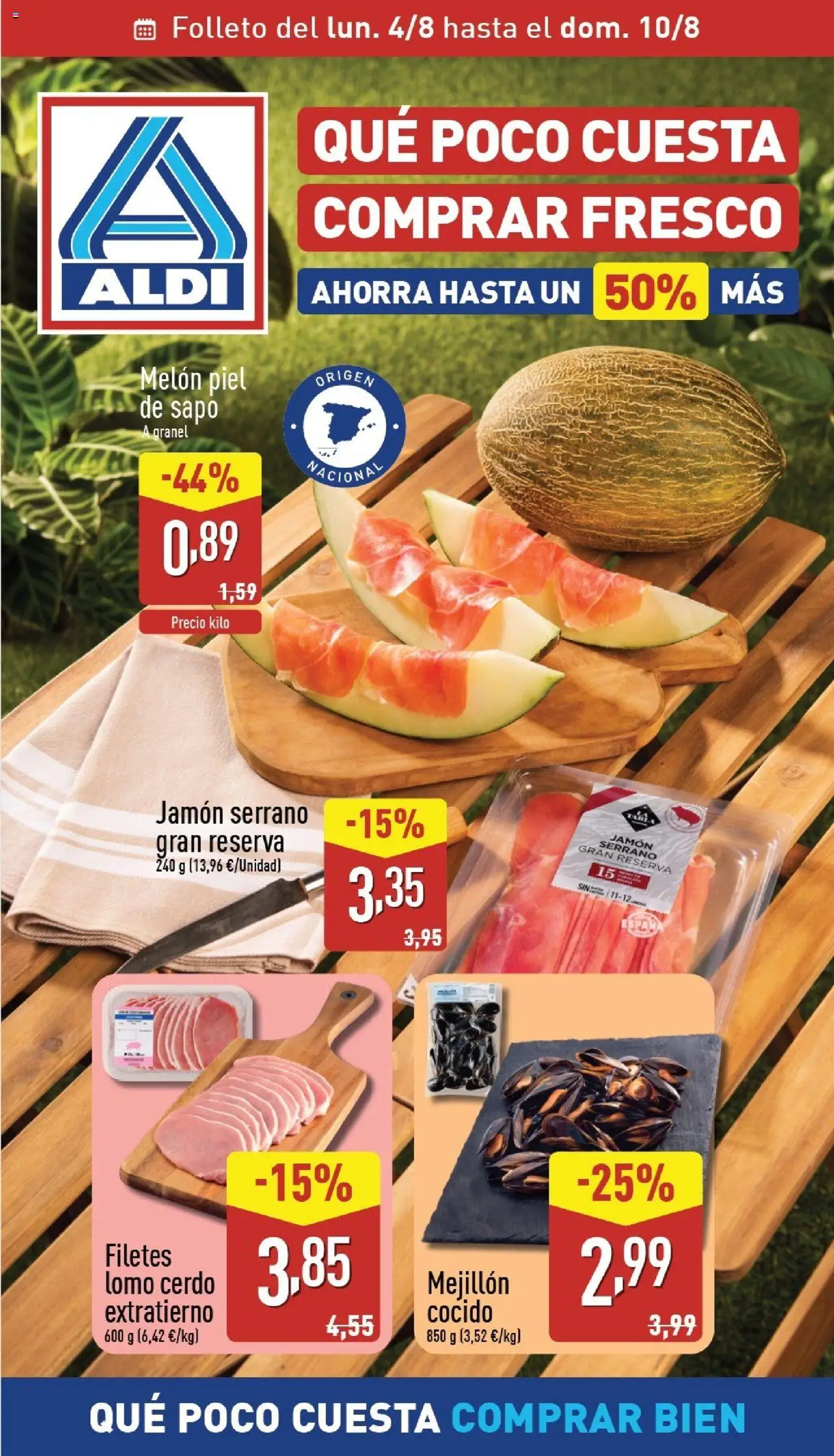 Aldi folleto Península │ válido desde el 04.08.2025 | Página: 1 | Productos: Jamón serrano, Φορτιστής, Jamón, Cerdo