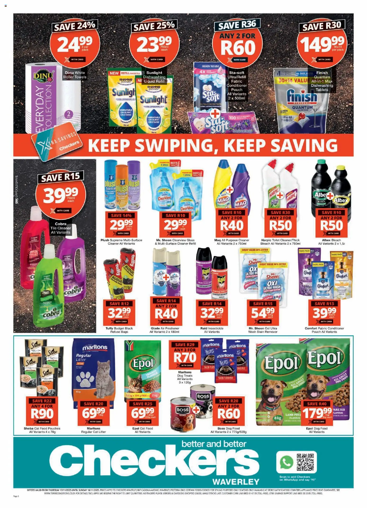 New Checkers catalogue – valid from 13.11.2025 | Page: 8 | Products: Toilet, Fragrance, Refuse bags, Cat litter
