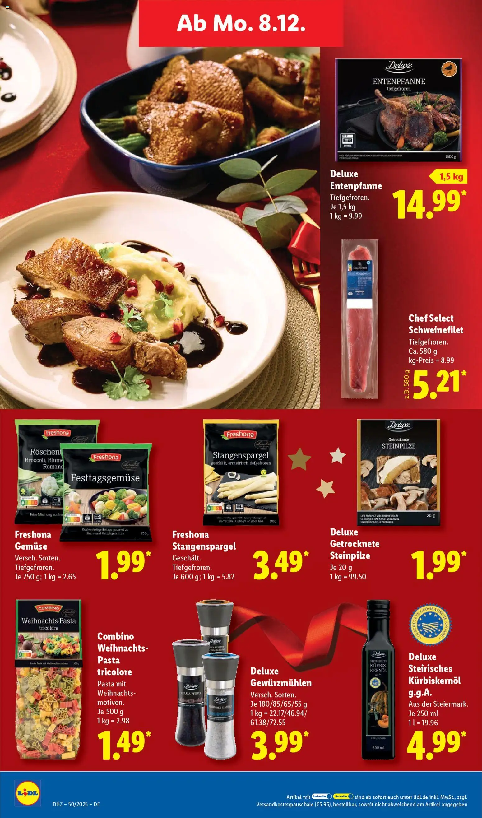 Lidl Prospekt Grimma – gültig ab 08.12.2025 | Seite: 28 | Produkte: Kürbiskernöl, Schweinefilet, Kürbis, Pasta