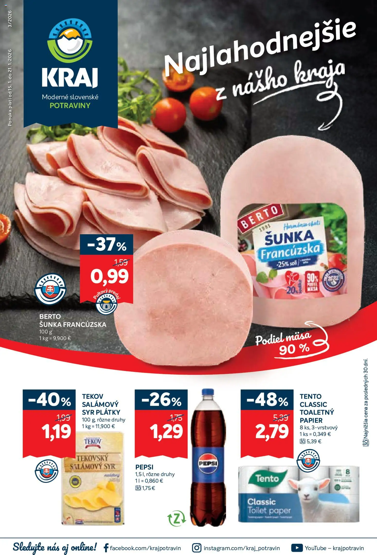 Nové Kraj akcie – leták je platný od 15.01.2026 | Strana: 1 | Produkty: Syr, Šunka, Pepsi