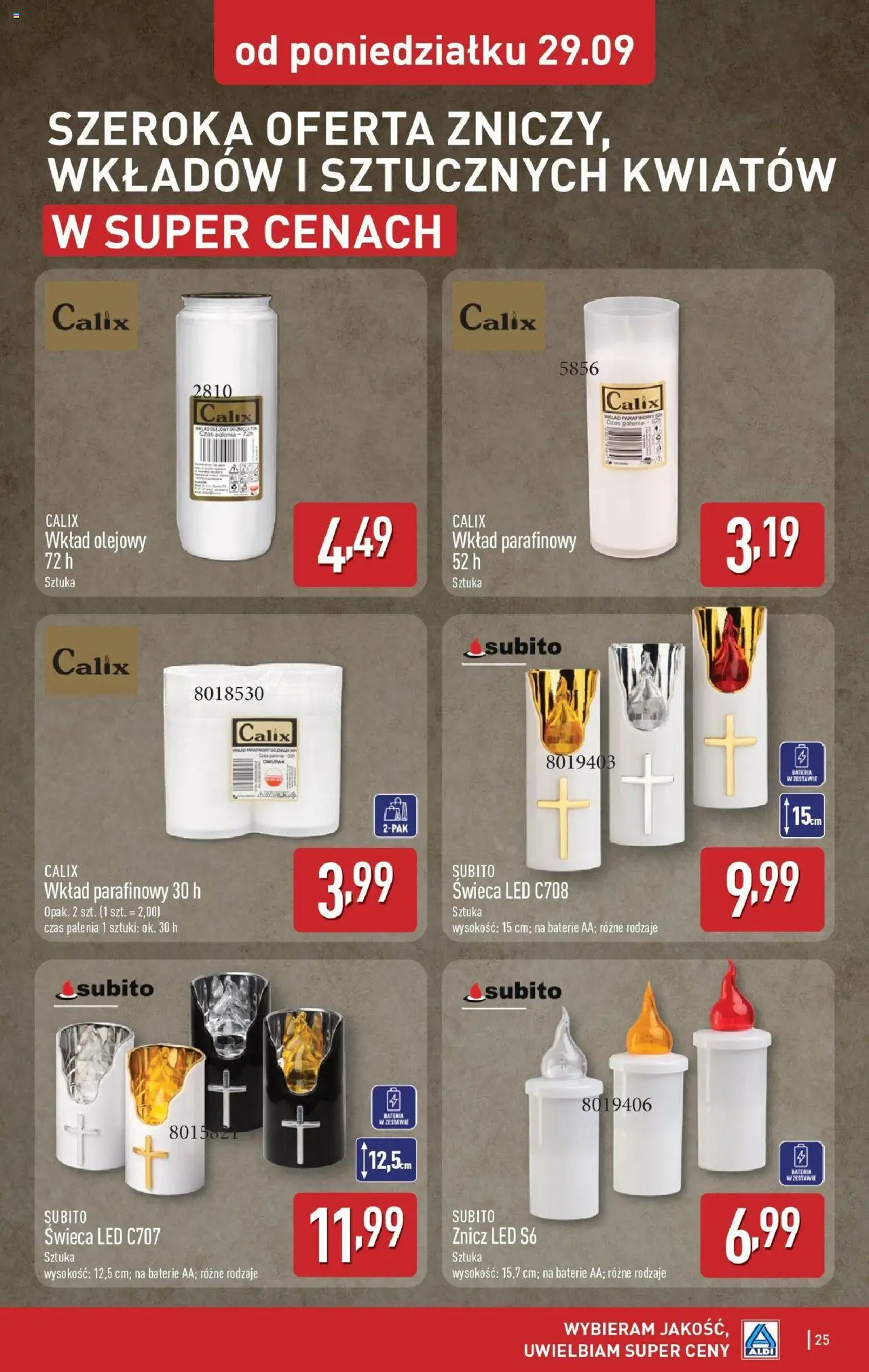 Aldi Gazetka od 29.09.2025 | Strona: 25 | Produkty: Znicz LED, Baterie, Bateria