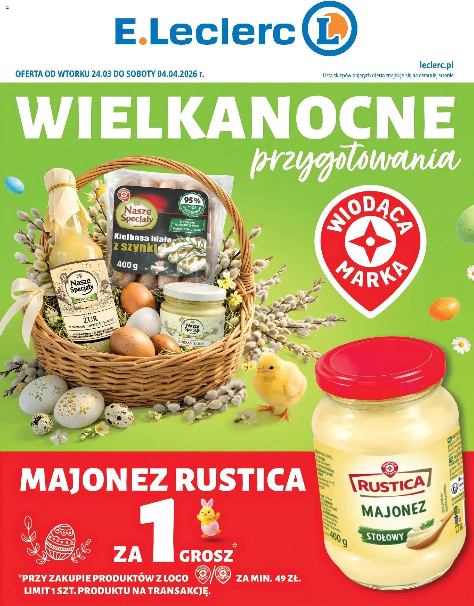 E.Leclerc gazetka - Elbląg Wielkanoc od 24.03.2026 | Strona: 1 | Produkty: Kiełbasa, Chrzan, Majonez