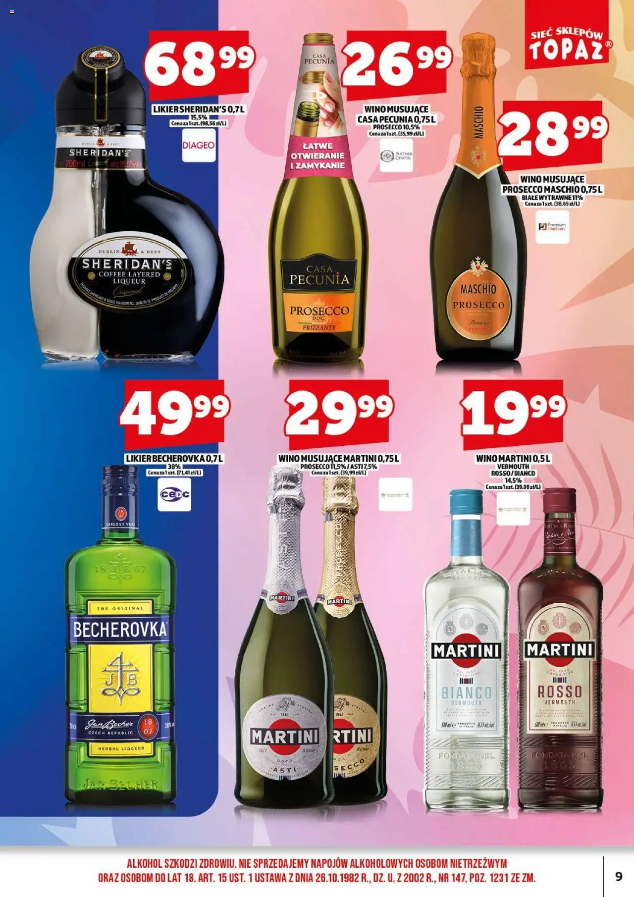 Topaz Gazetka alkoholowa od 18.08.2025 | Strona: 11 | Produkty: Martini, Likier Sheridan's, Becherovka, Wino