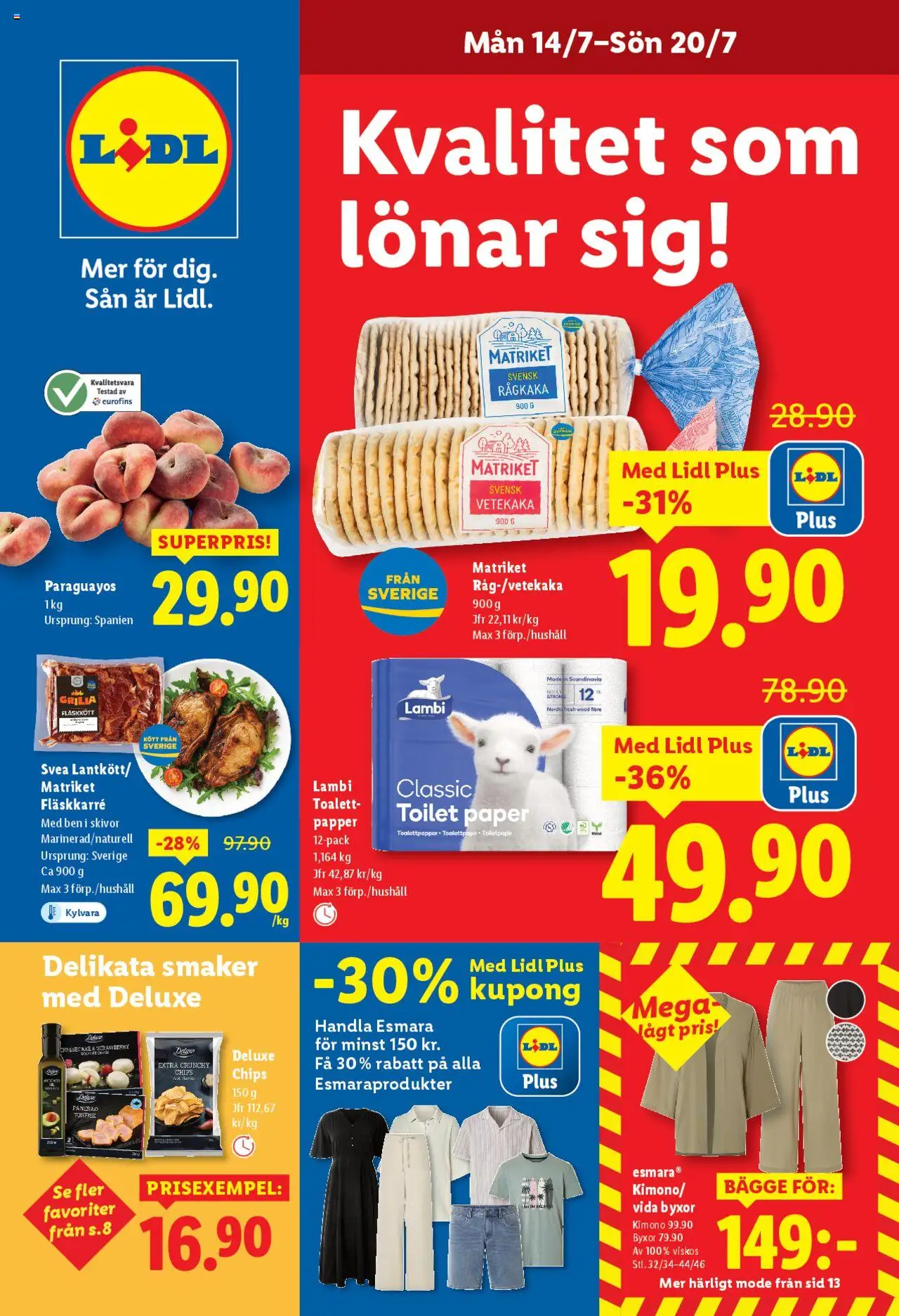 Lidl reklamblad aktuell från 14.07.2025 | Sida: 1 | Produkter: Chips, Toalett, Byxor, Papper