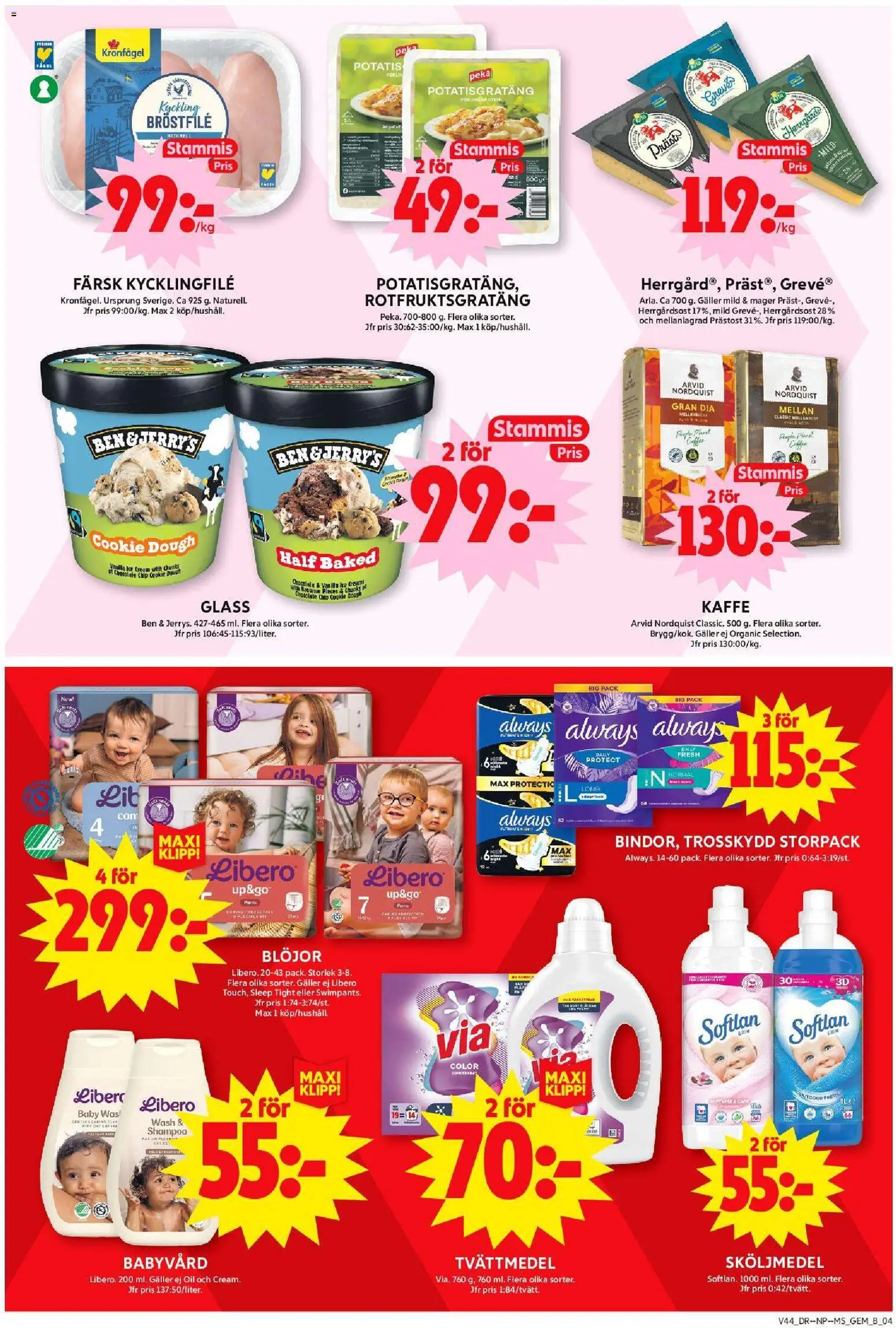 ICA Maxi reklamblad aktuell från 27.10.2025 | Sida: 4 | Produkter: Sköljmedel, Potatisgratäng, Kaffe, Glass