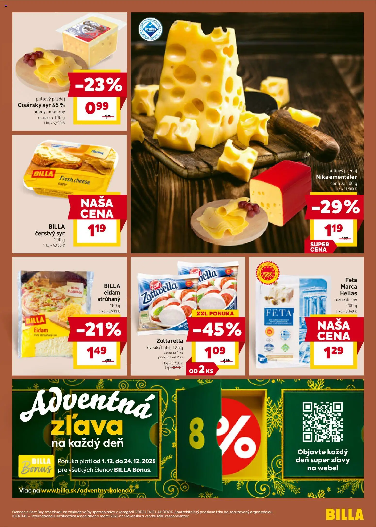 Nové Billa akcie – leták je platný od 10.12.2025 | Strana: 15 | Produkty: Syr, Eidam, Feta