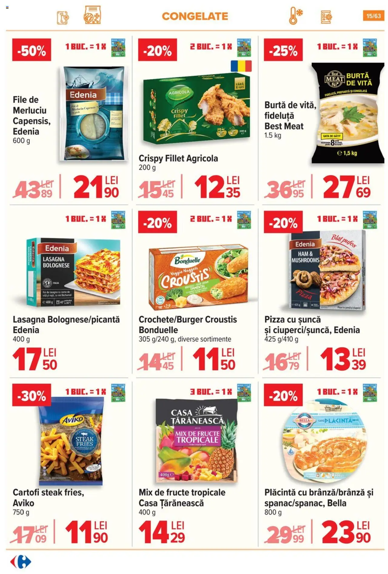 Noul catalog Carrefour – valabil de la 01.10.2025 | Pagină: 16 | Produse: Lasagna, Șuncă, Pizza, Cartofi