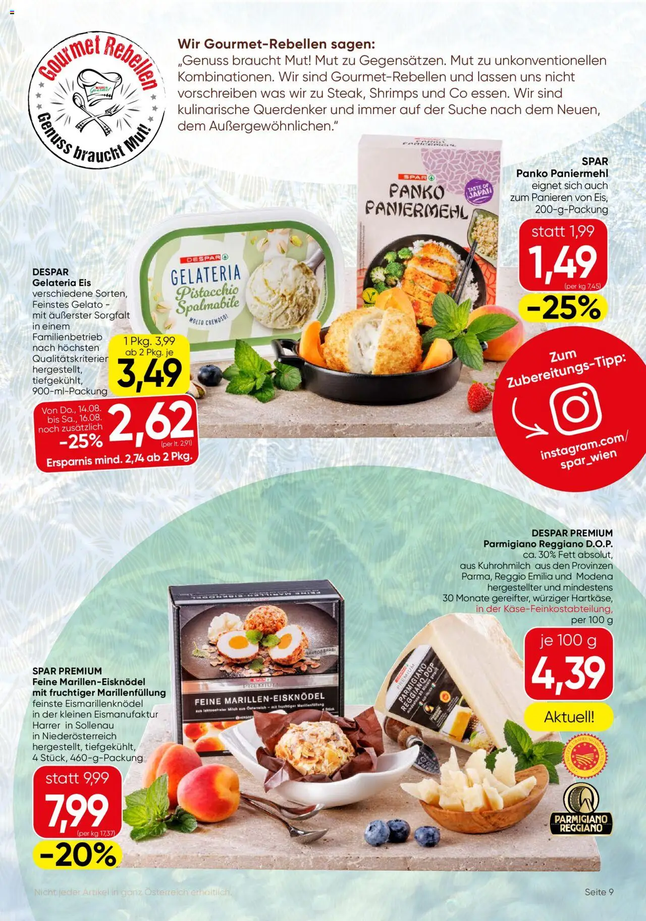 SPAR Gourmet Flugblatt gültig ab 14.08.2025 | Seite: 9 | Produkte: Eis, Milch