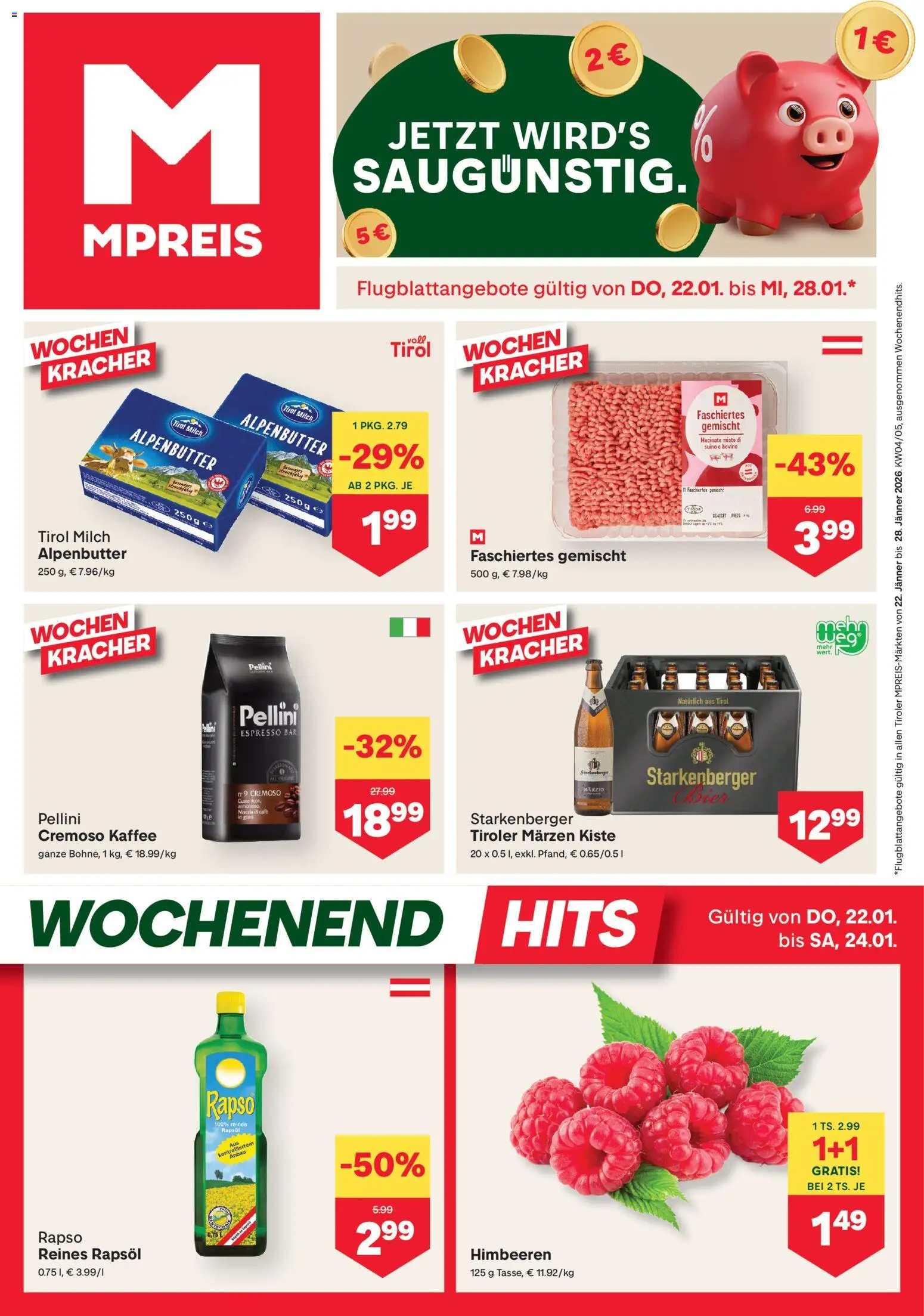 MPREIS Flugblatt gültig ab 22.01.2026 | Seite: 1 | Produkte: Milch, Kaffee, Bier