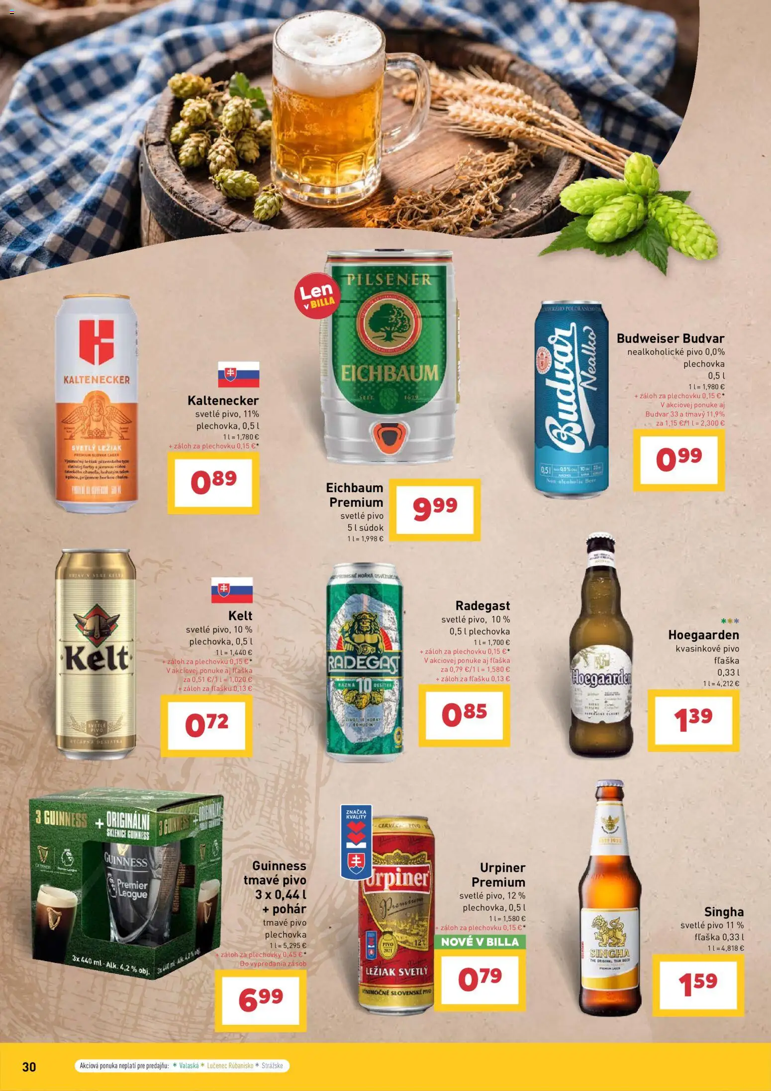 Nové Billa akcie – leták je platný od 29.04.2026 | Strana: 30 | Produkty: Pivo, Kelt, Budvar, Urpiner