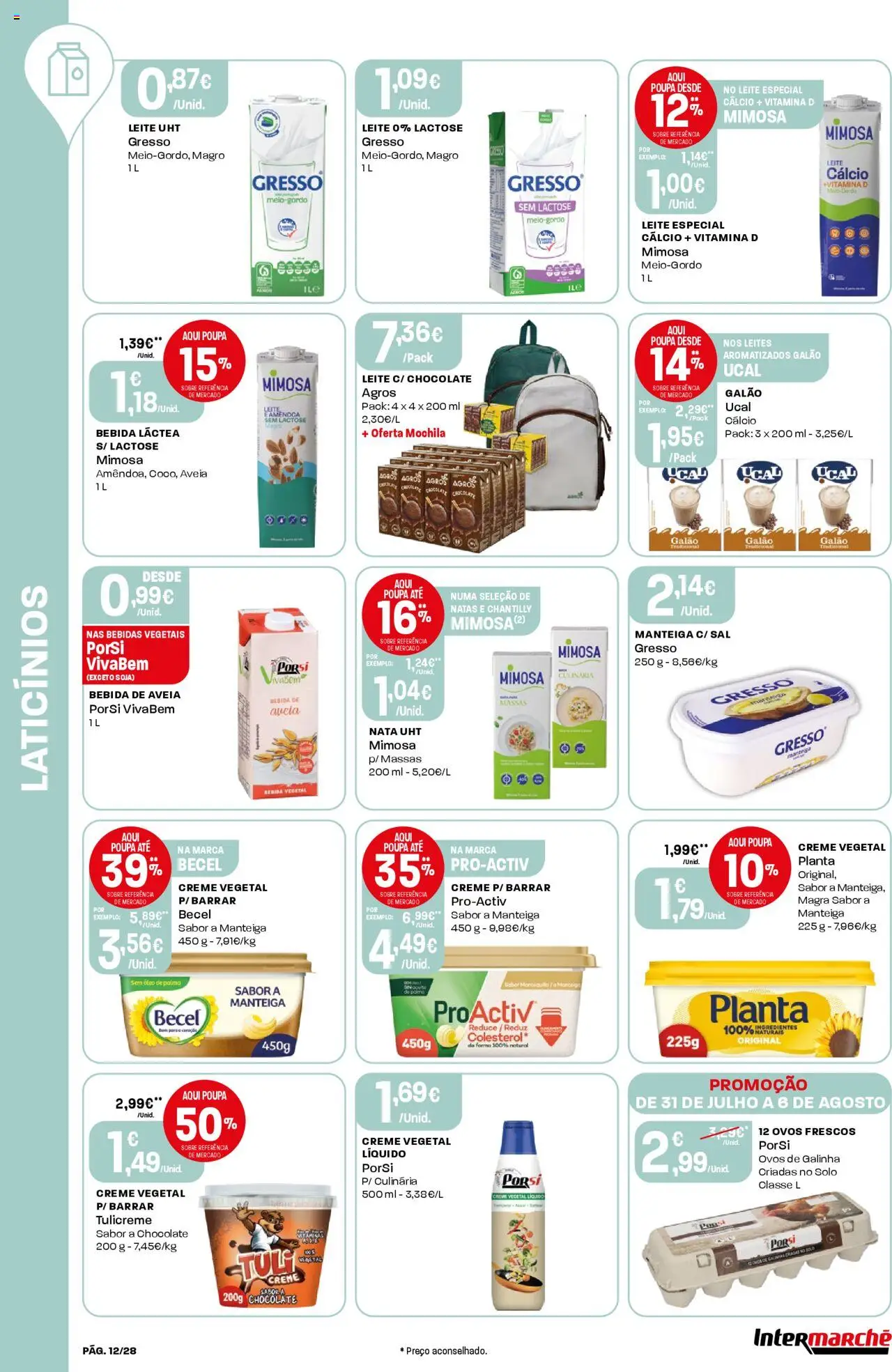 Intermarché folheto │ válido de 31.07.2025 | Página: 12 | Produtos: Leite, Óleo, Nata, Natas