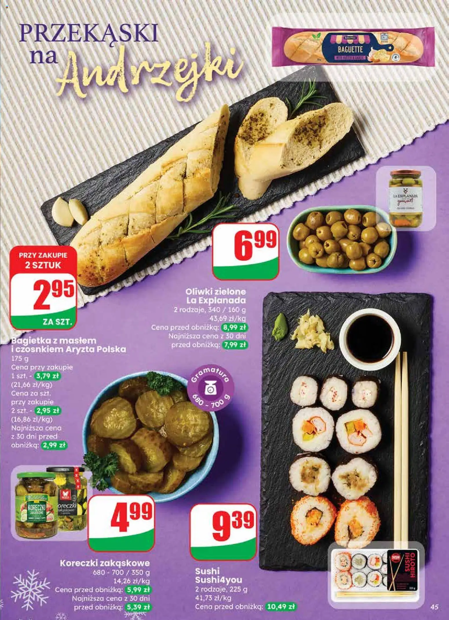 Dino Gazetka od 19.11.2025 | Strona: 45 | Produkty: Oliwki zielone, Bagietka, Sushi