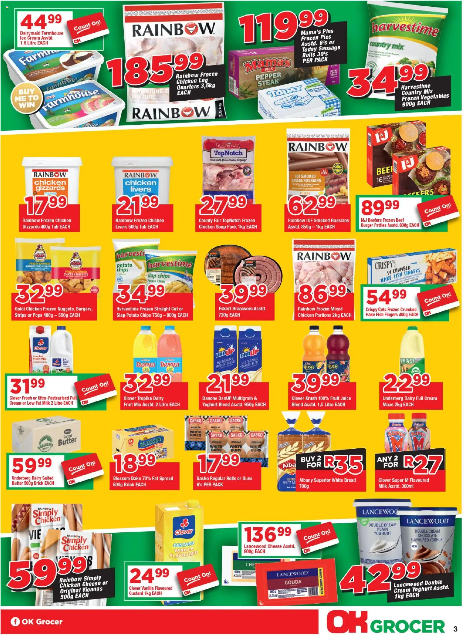 New OK Foods catalogue – valid from 24.10.2025 | Page: 3 | Products: Yoghurt, Buns, Juice, Pork