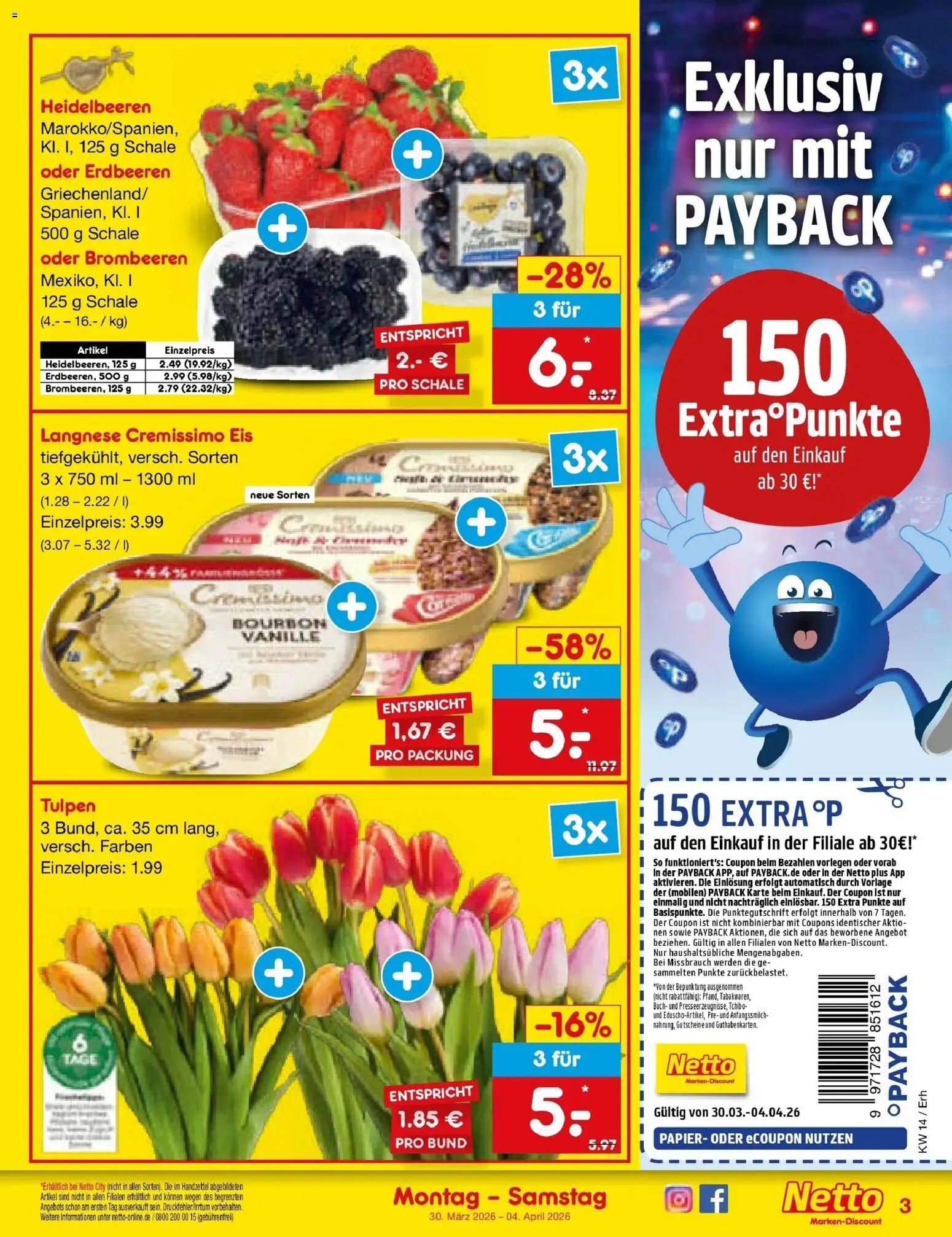 Netto Marken-Discount Prospekt Metten	 – gültig ab 30.03.2026 | Seite: 3 | Produkte: Langnese, Cremissimo, Heidelbeeren, Eis