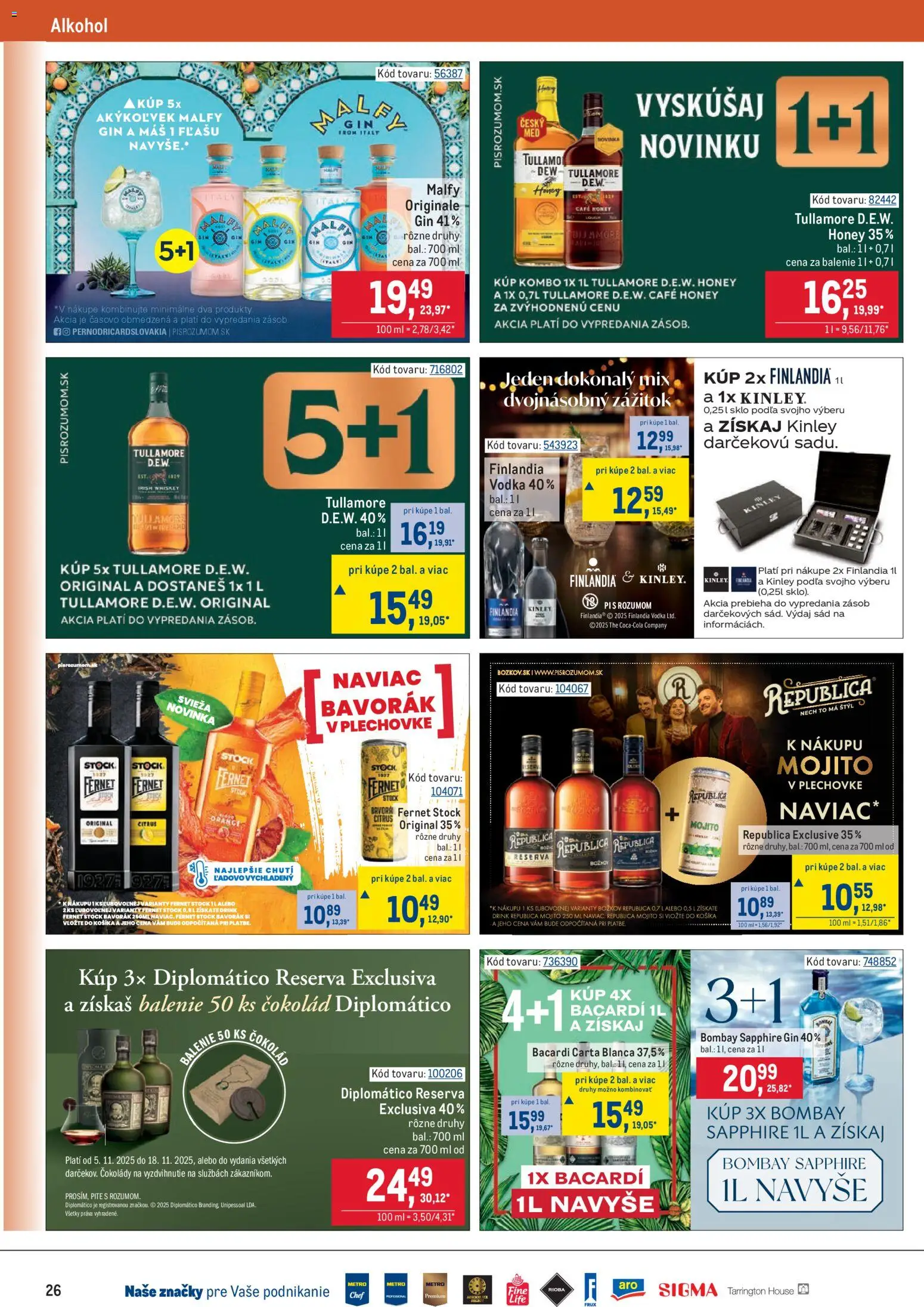 Nové Metro akcie – leták je platný od 05.11.2025 | Strana: 26 | Produkty: Diplomatico, Božkov, Gin, Finlandia