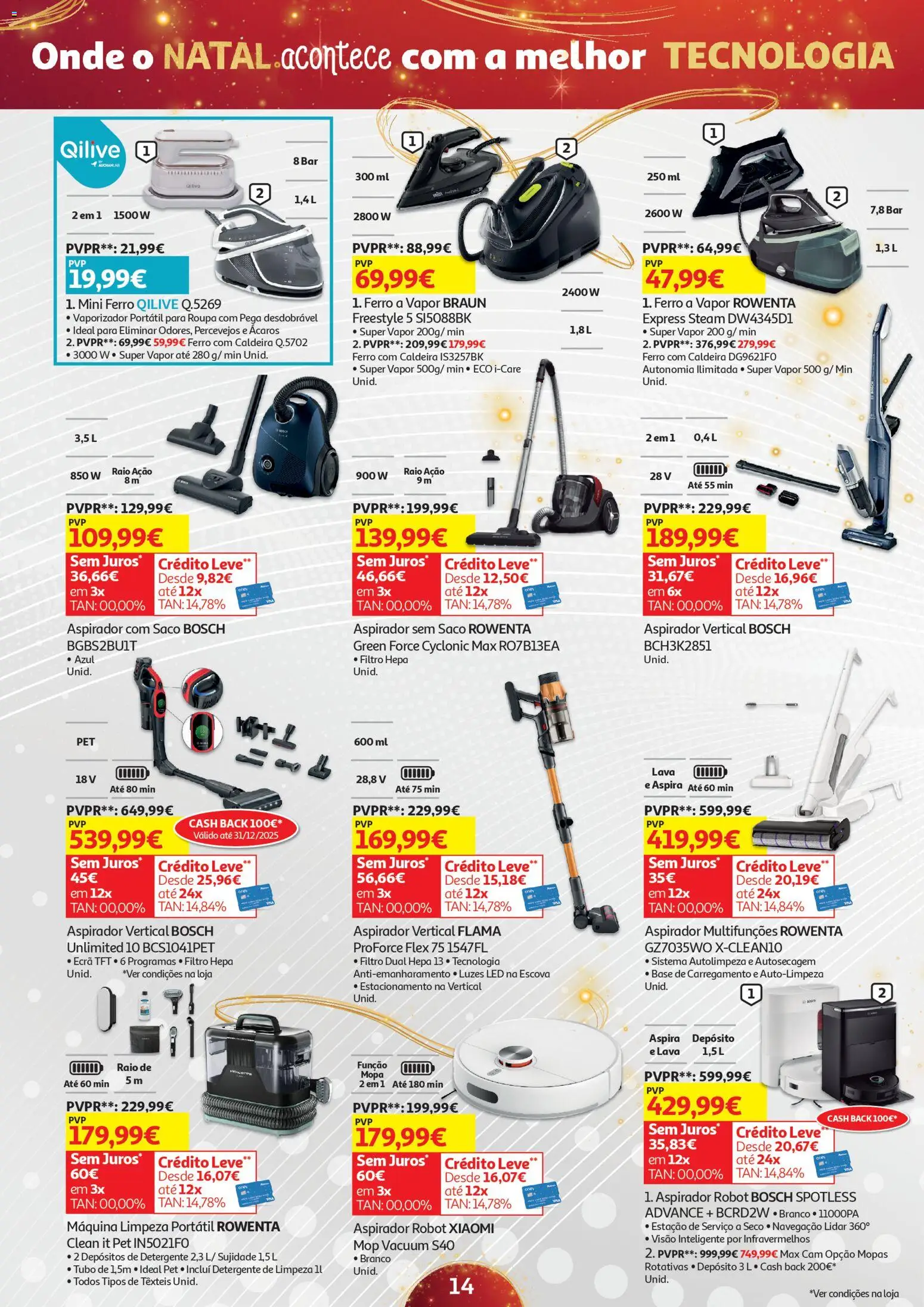 Auchan - Onde o Natal acontece com a melhor tecnologia │ válido de 21.11.2025 | Página: 14 | Produtos: Ferro a vapor, Ferro, Aspirador, Detergente