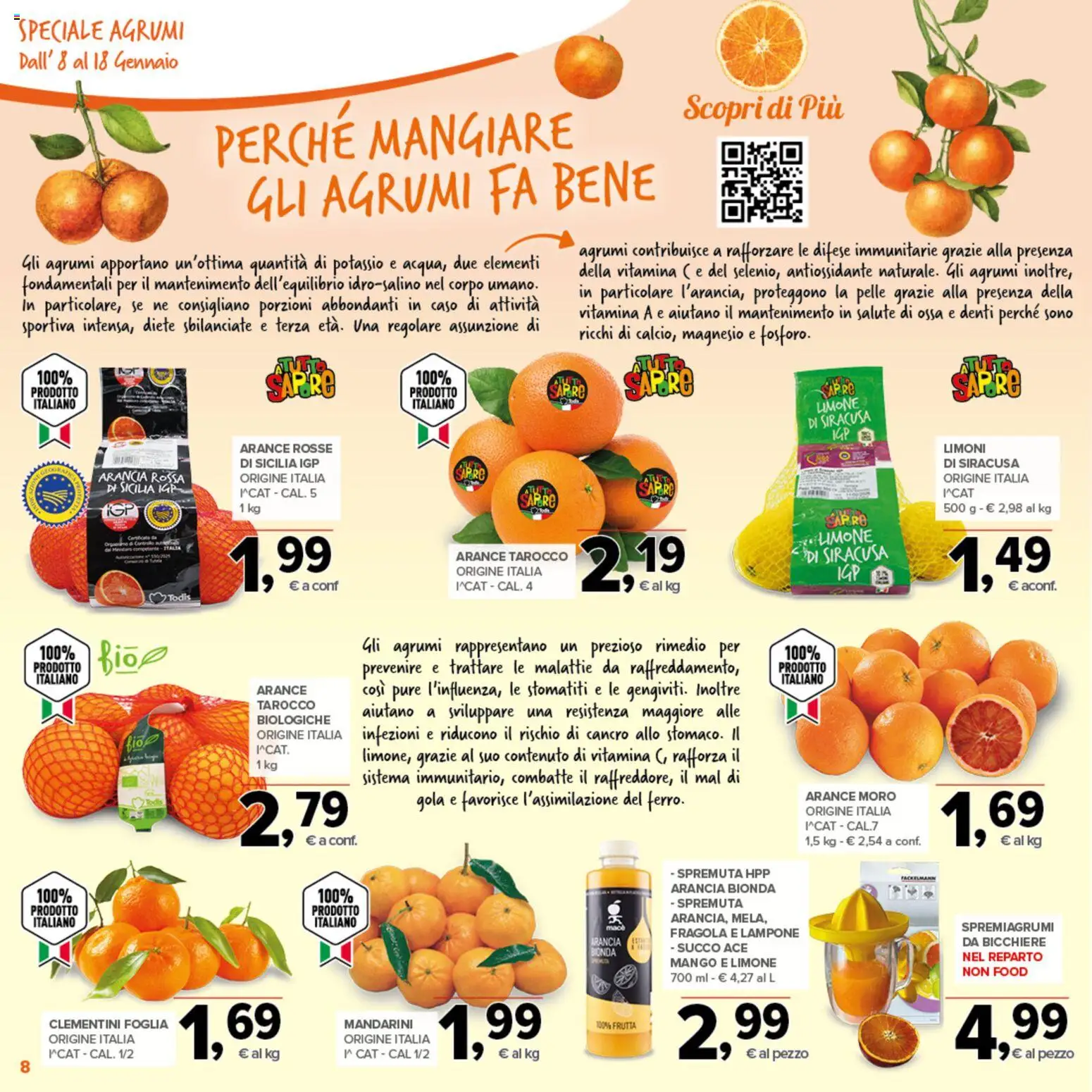 Volantino Todis del 08.01.2026 | Pagina: 8 | Prodotti: Arance, Limone, Mango, Agrumi