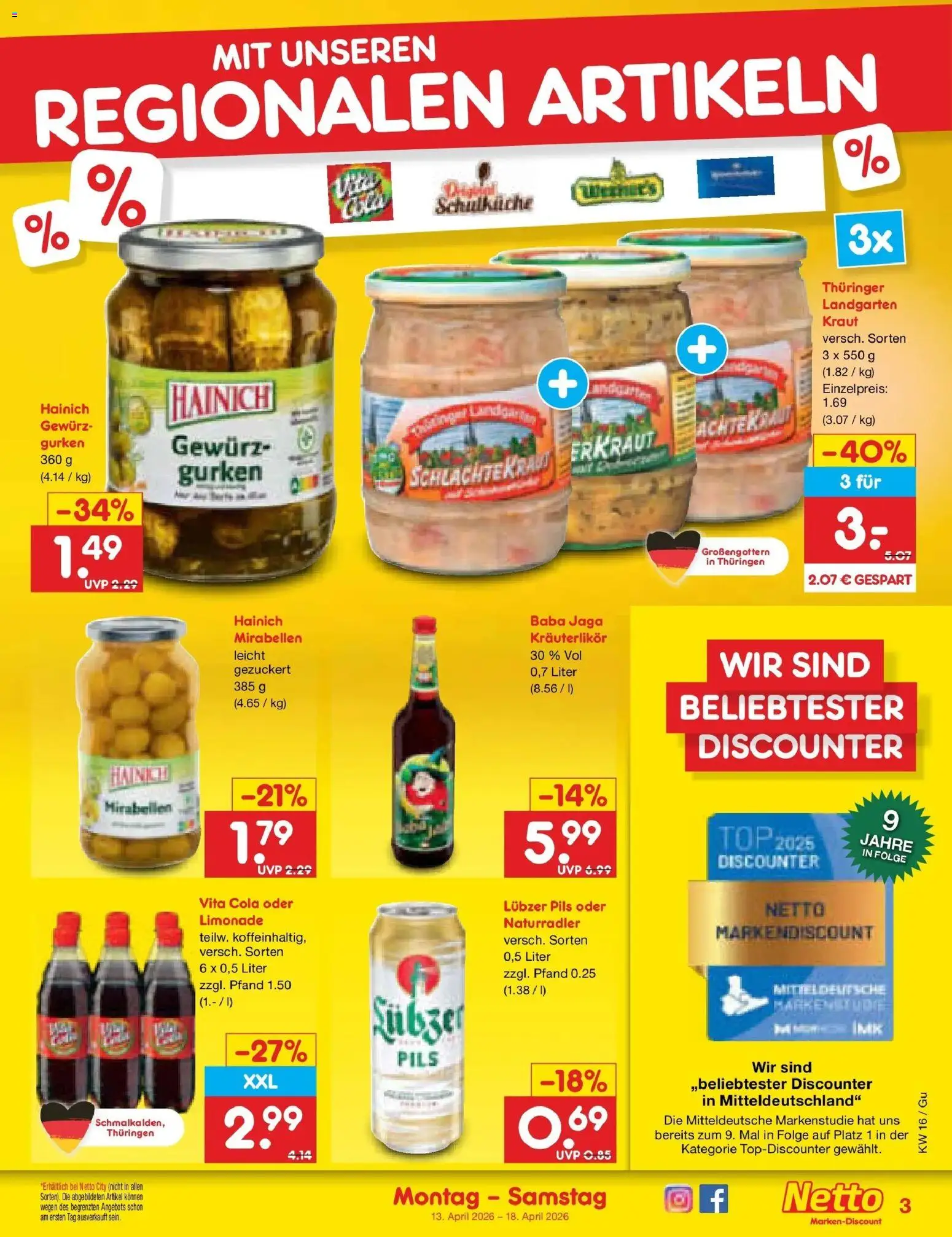 Netto Marken-Discount Prospekt Machern	 – gültig ab 13.04.2026 | Seite: 33 | Produkte: Top, Limonade, Vita cola, Gurken