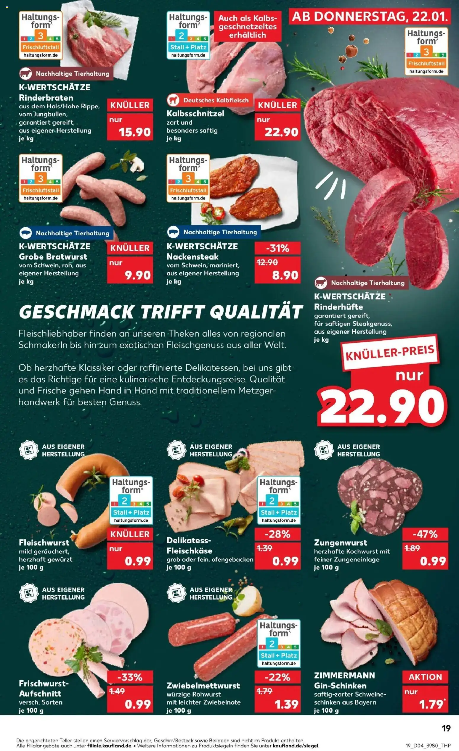 Kaufland prospekt Weiterstadt	 – gültig ab 22.01.2026 | Seite: 19 | Produkte: Rinderbraten, Bratwurst, Schinken, Steak