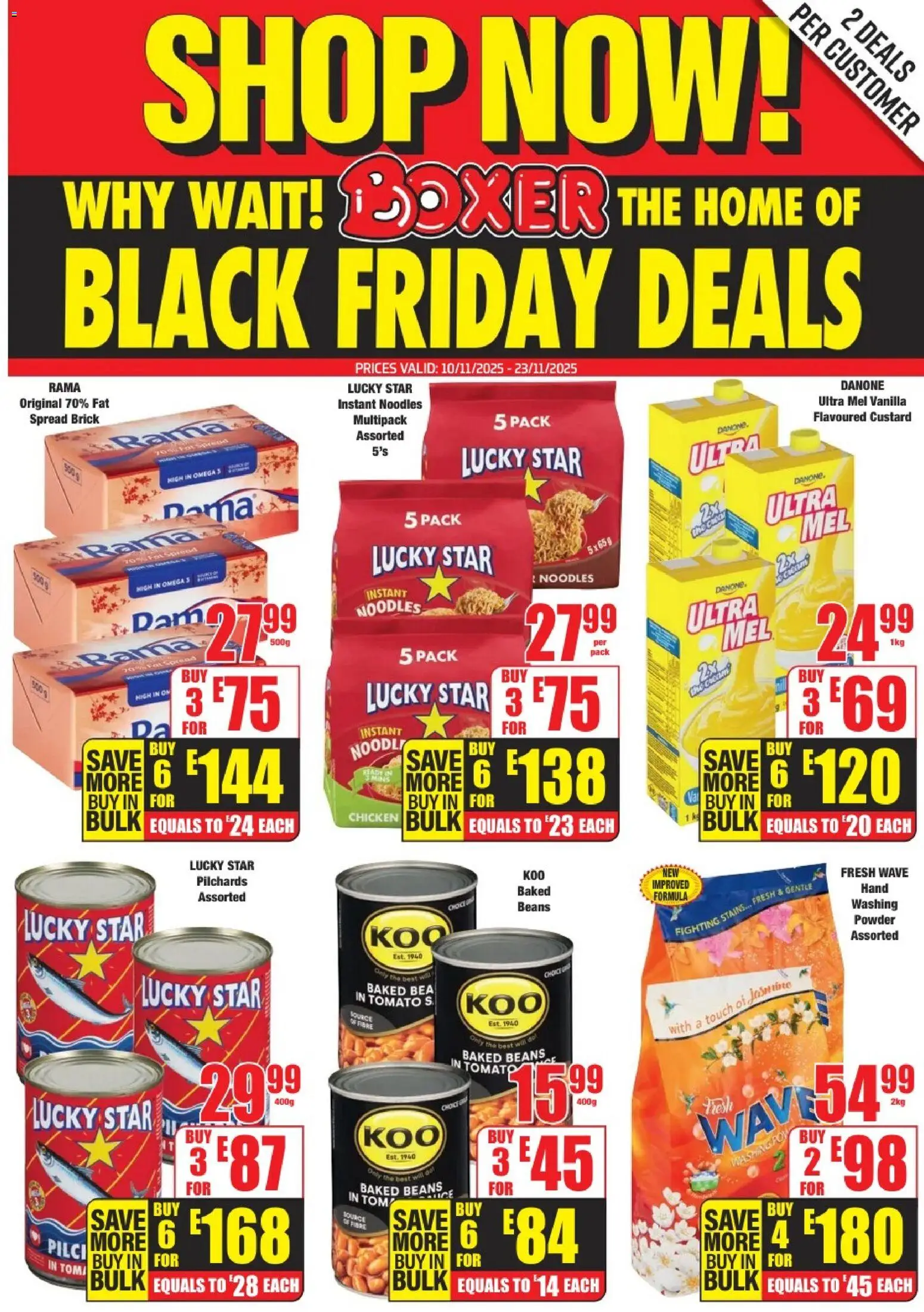 New Boxer catalogue – valid from 10.11.2025 | Page: 1 | Products: Custard, Beans, Iron, Noodles