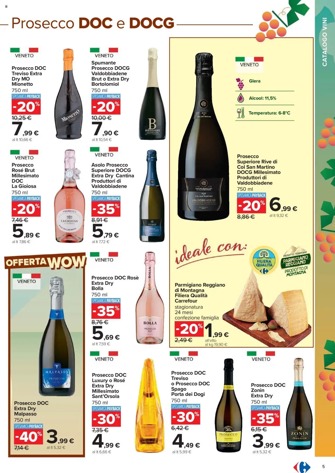 Volantino Carrefour del 06.10.2025 | Pagina: 5 | Prodotti: Prosecco, Spumante, Parmigiano reggiano, Parmigiano