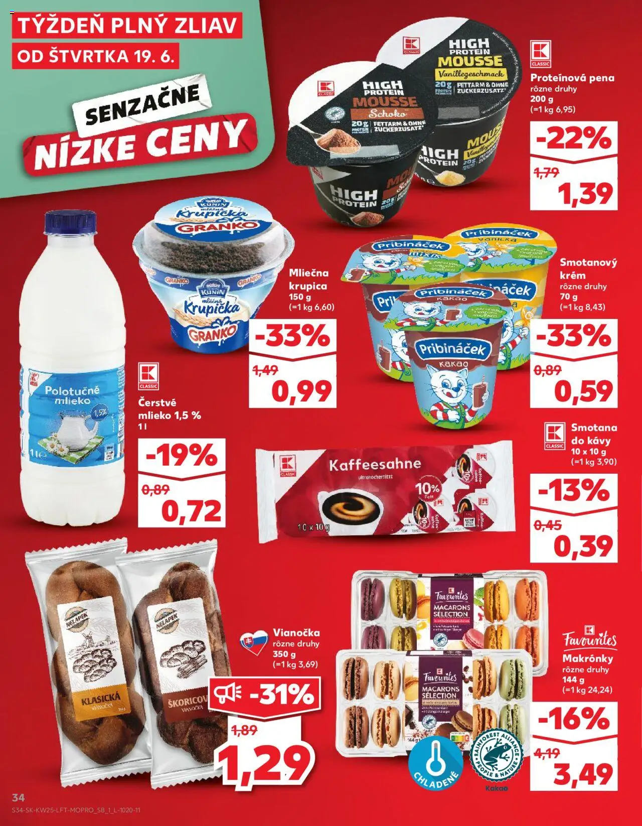 Kaufland Bratislava-Petržalka │ platný od 19.06.2025 | Strana: 34 | Produkty: Smotana, Protein, Makronky, Kakao