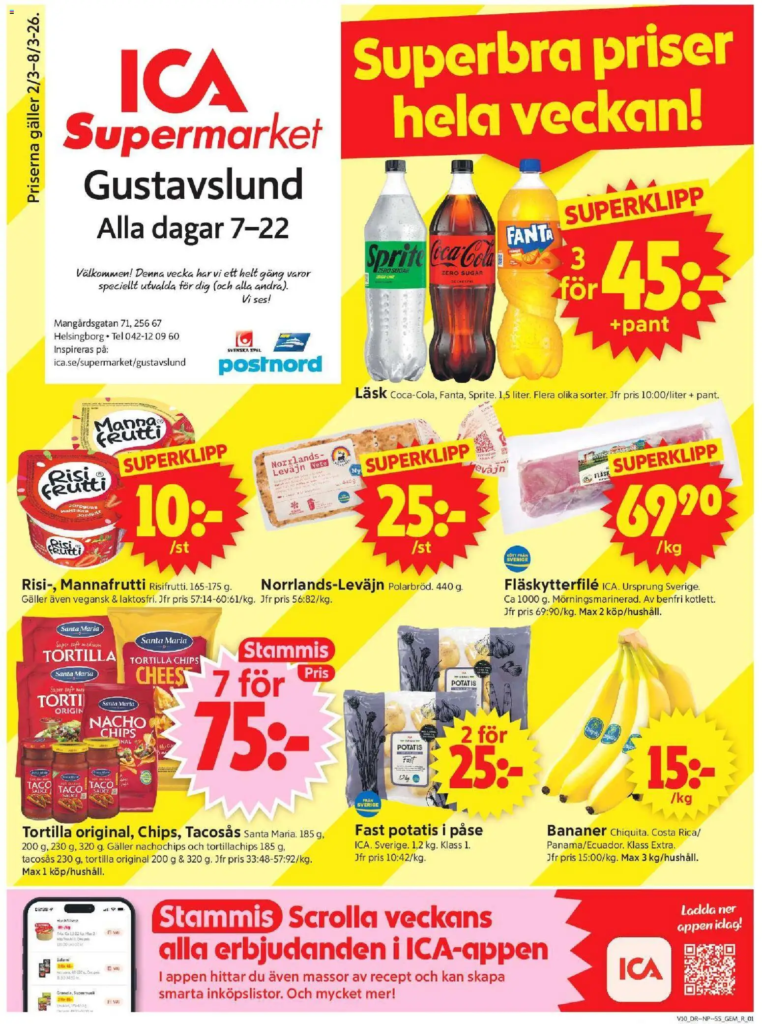 ICA Supermarket reklamblad aktuell från 02.03.2026 | Sida: 1 | Produkter: Tortilla, Levain, Coca cola, Potatis