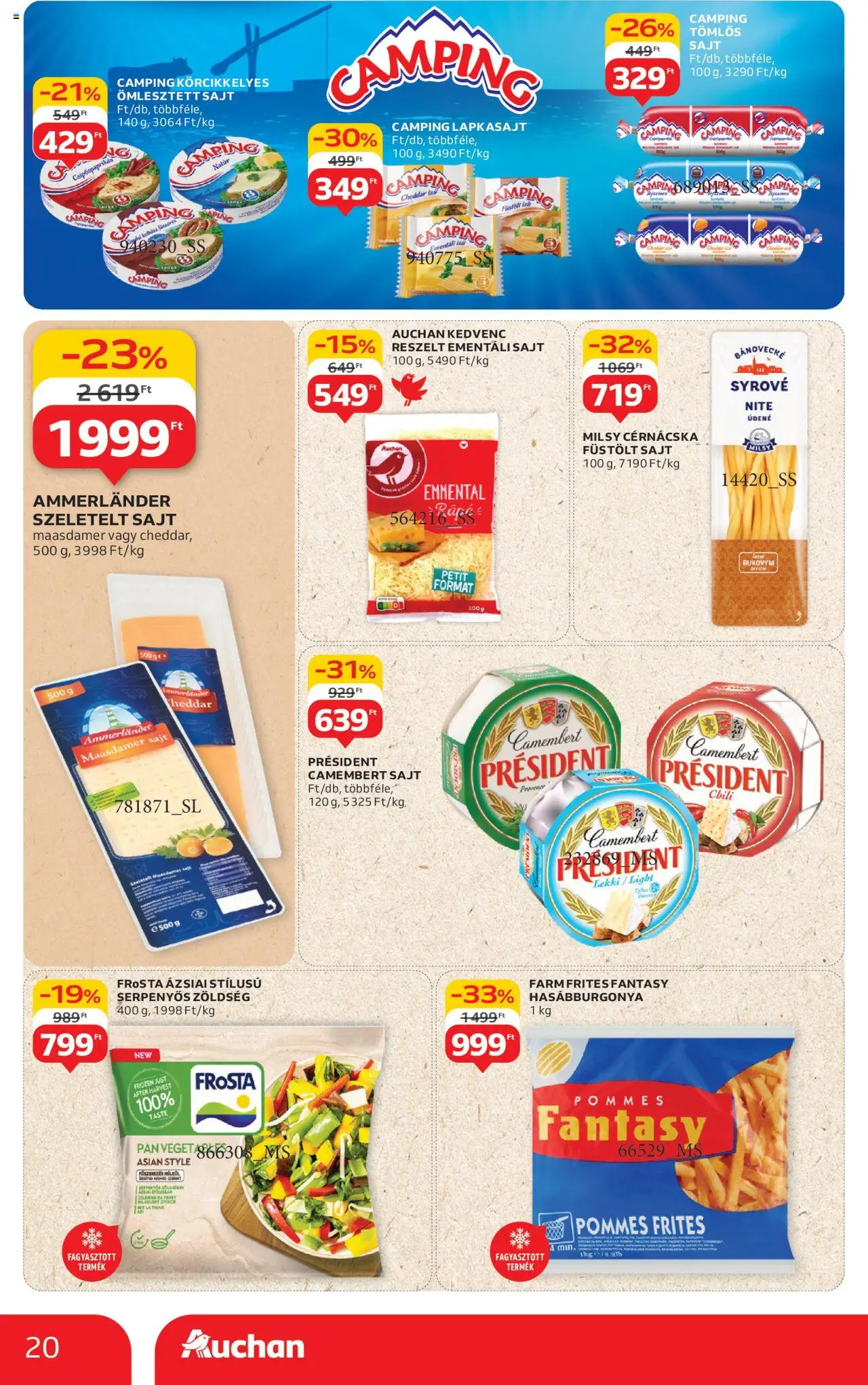 Auchan akciós ujság - amely érvényes a következő dátumtól: 07.08.2025 | Oldal: 20 | Termékek: Serpenyős zöldség, Sajt, Hasábburgonya, Szeletelt sajt