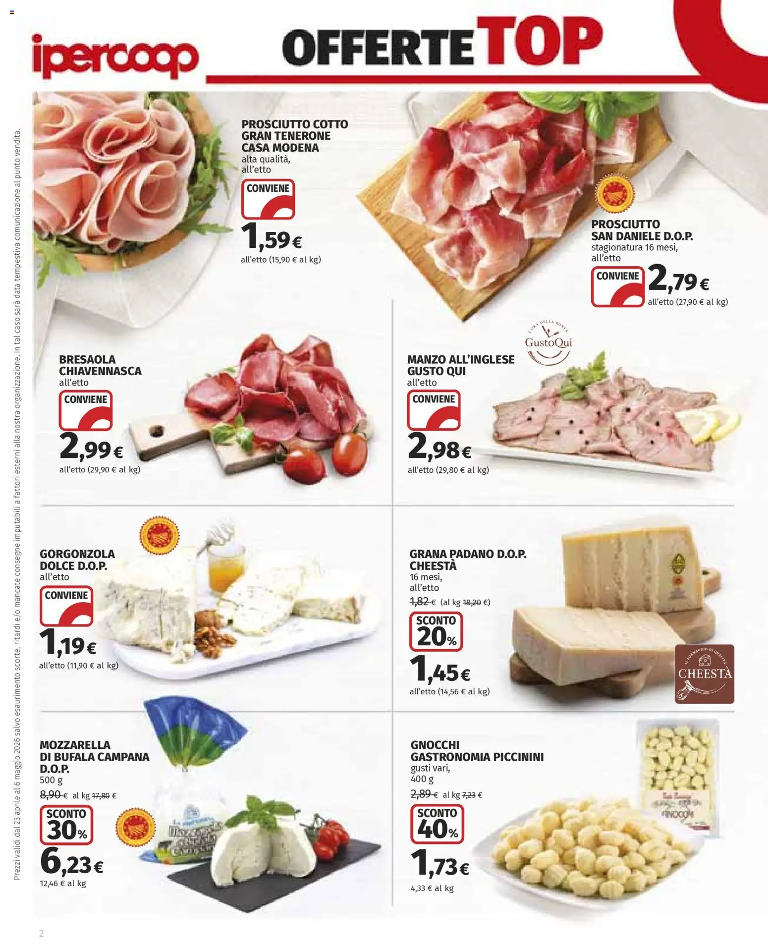 Volantino Ipercoop del 23.04.2026 | Pagina: 2 | Prodotti: Prosciutto Cotto, Bresaola, Prosciutto, Gorgonzola