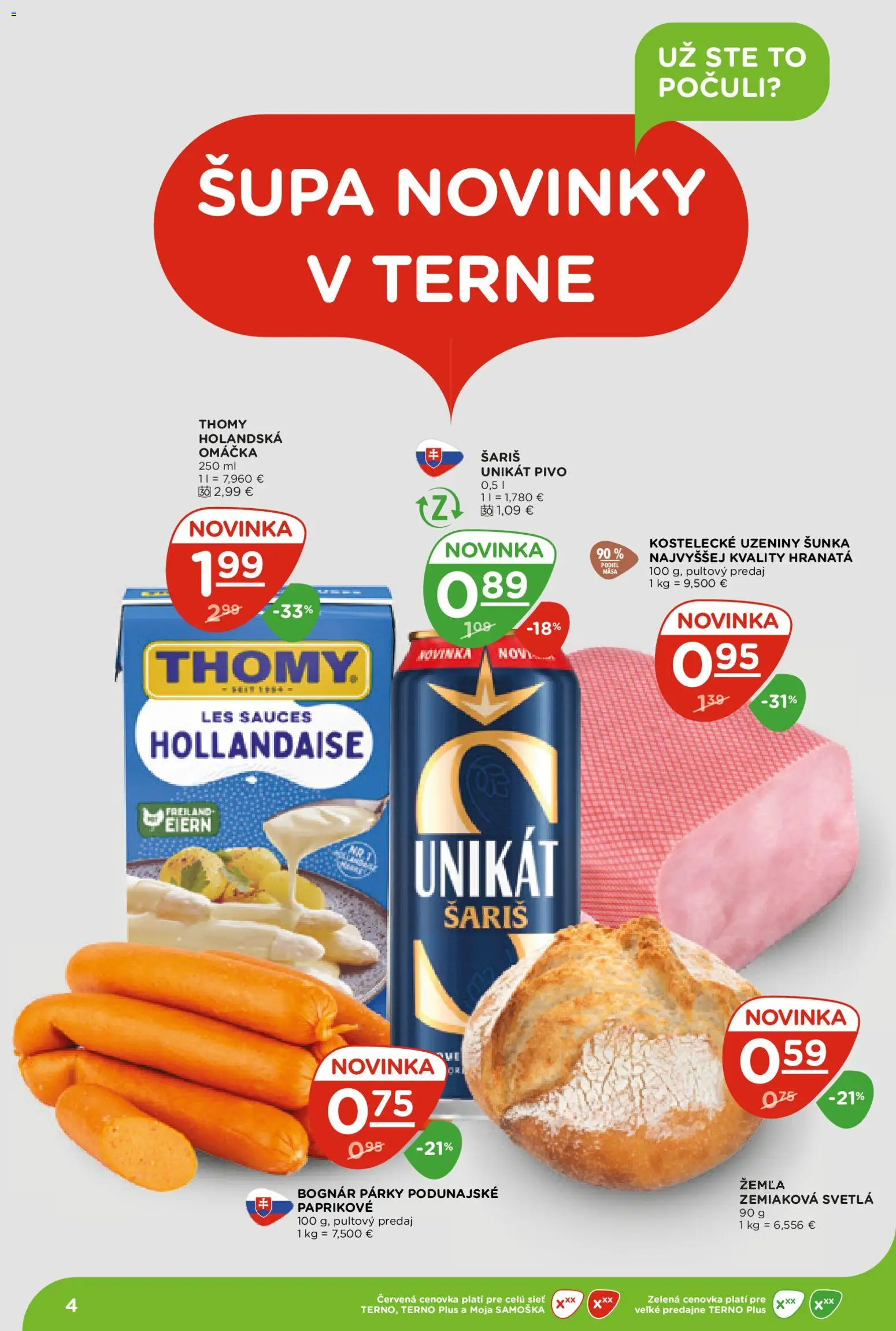 Nové Terno akcie – leták je platný od 30.04.2026 | Strana: 4 | Produkty: Pivo, Šariš, Omáčka, Párky