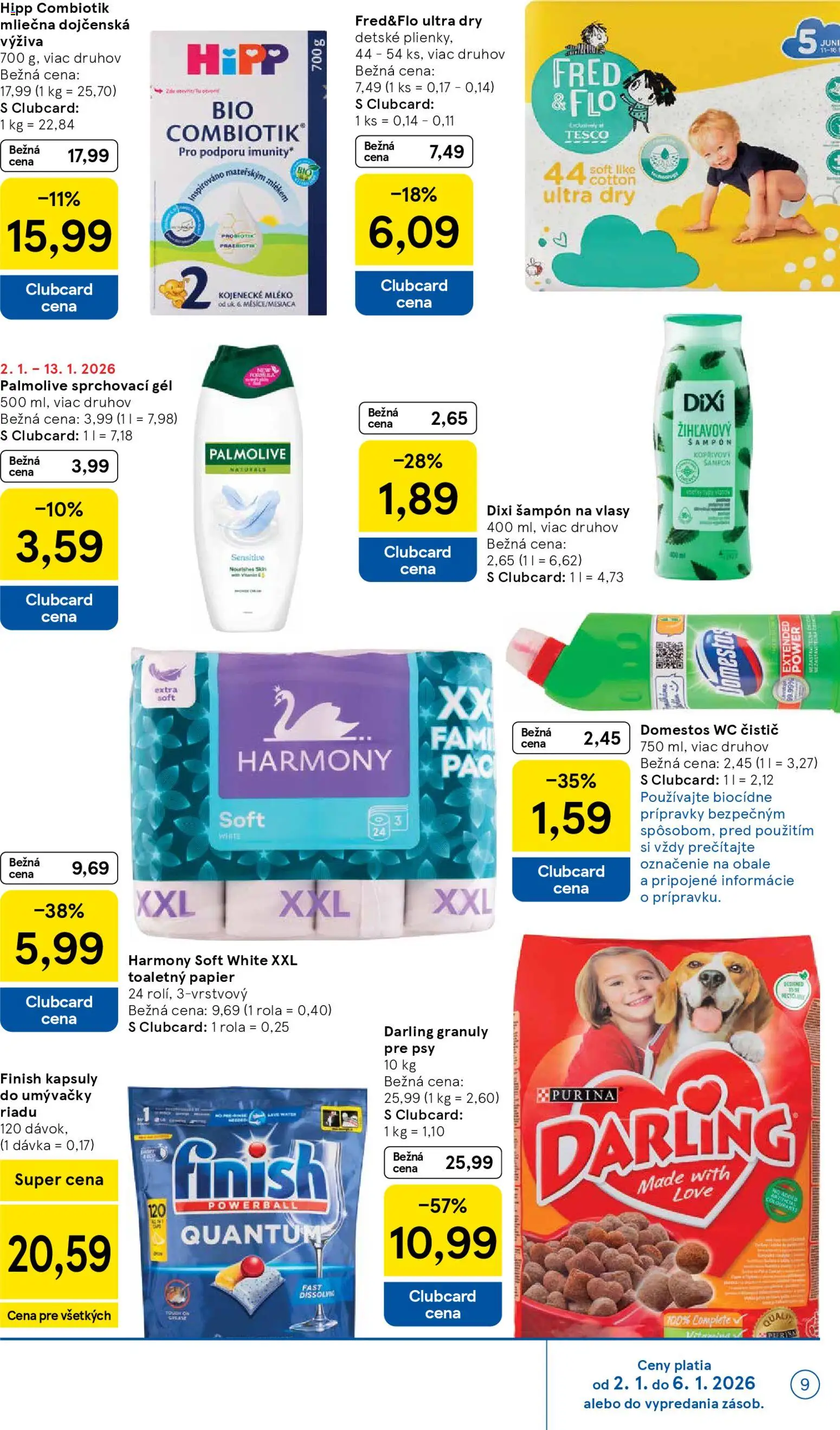 Nové Tesco akcie – leták je platný od 02.01.2026 | Strana: 9 | Produkty: Wc, Šampón, Toaletný papier, Domestos