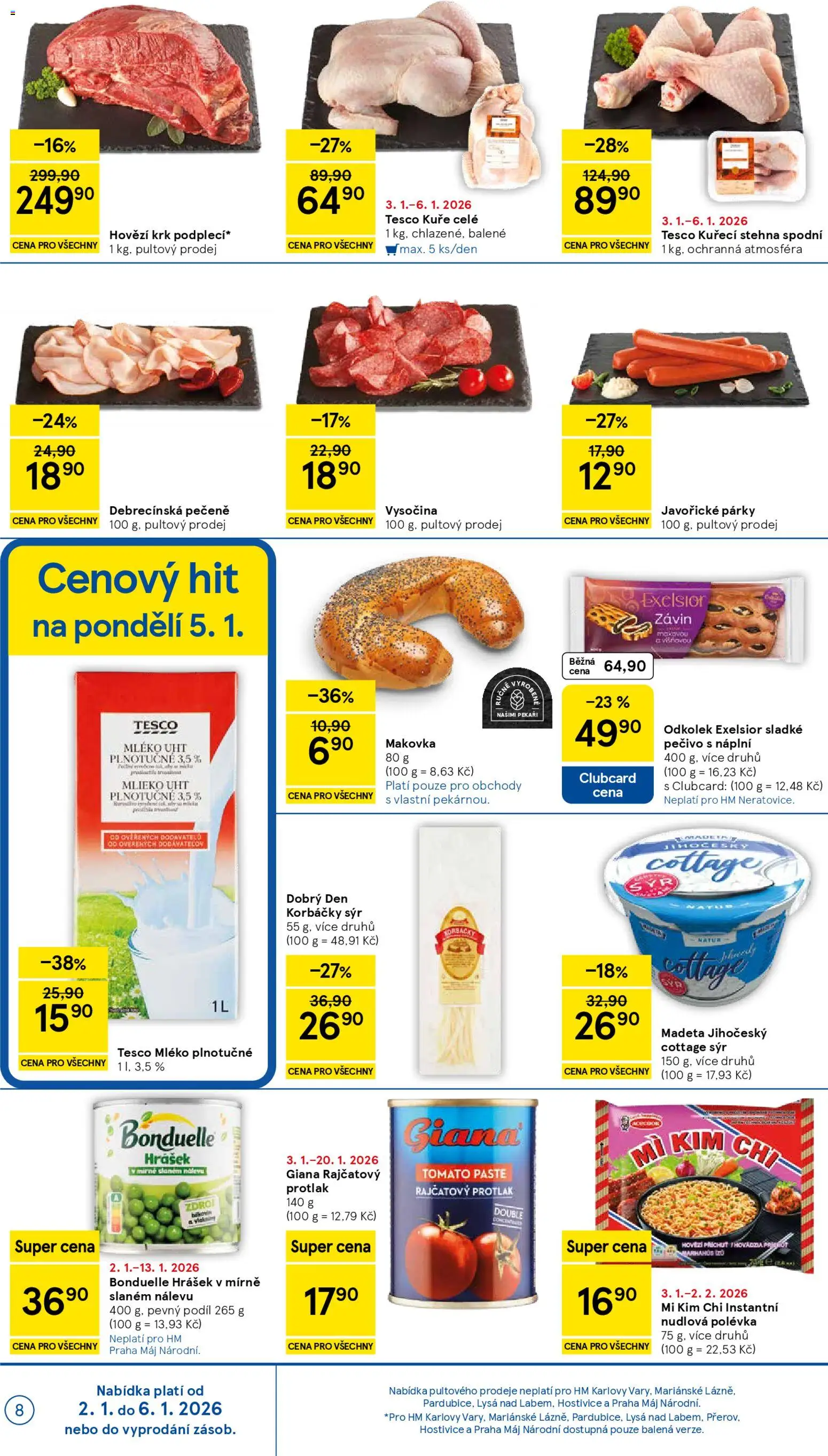 Tesco leták - Hypermarket od 02.01.2026 | Strana: 8 | Produkty: Hovězí, Mléko, Kuřecí stehna, Cottage cheese