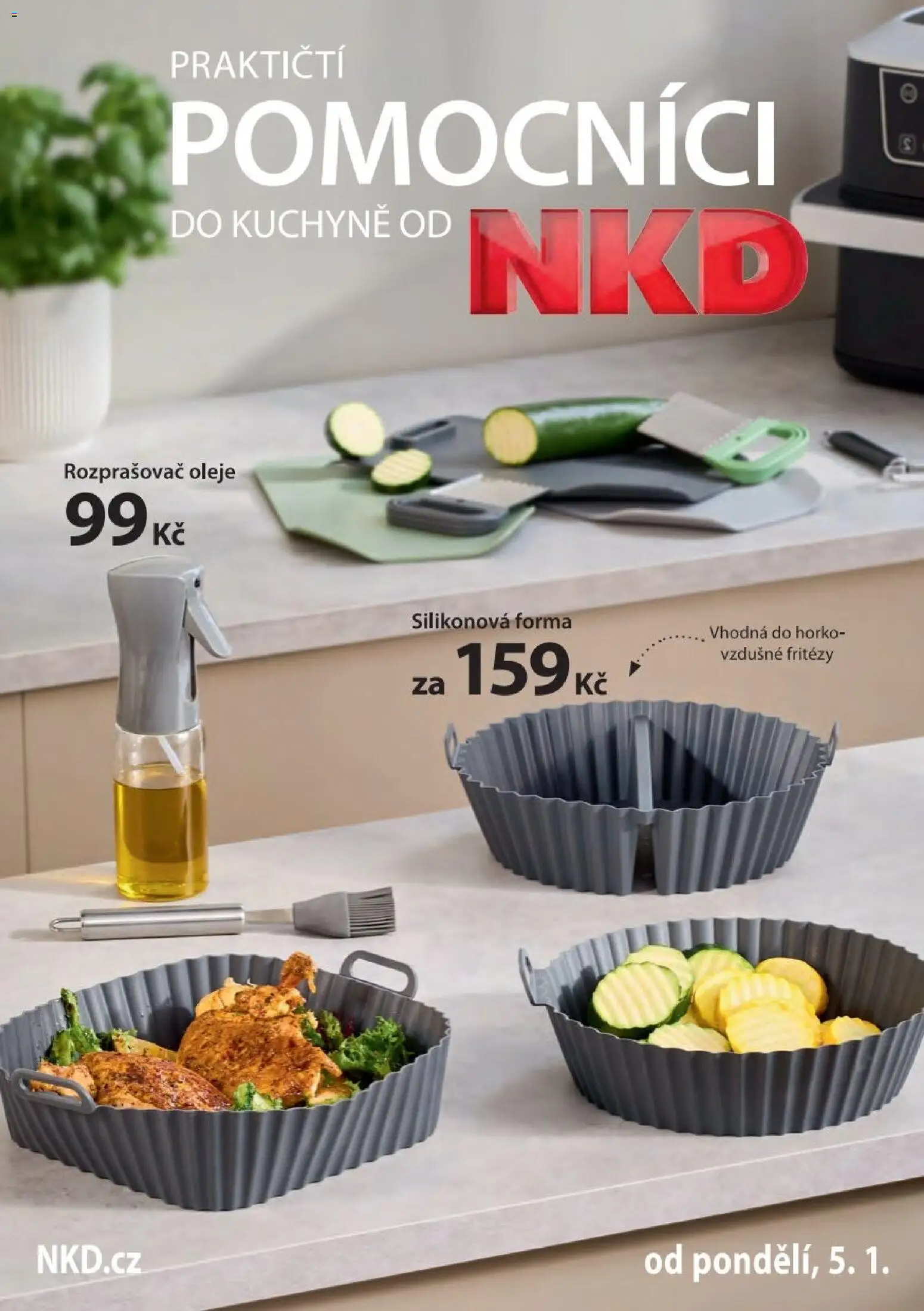NKD leták - Pomocníci do kuchyně od 05.01.2025 | Strana: 1 | Produkty: Oleje, Forma, Kuchyně, Rozprašovač